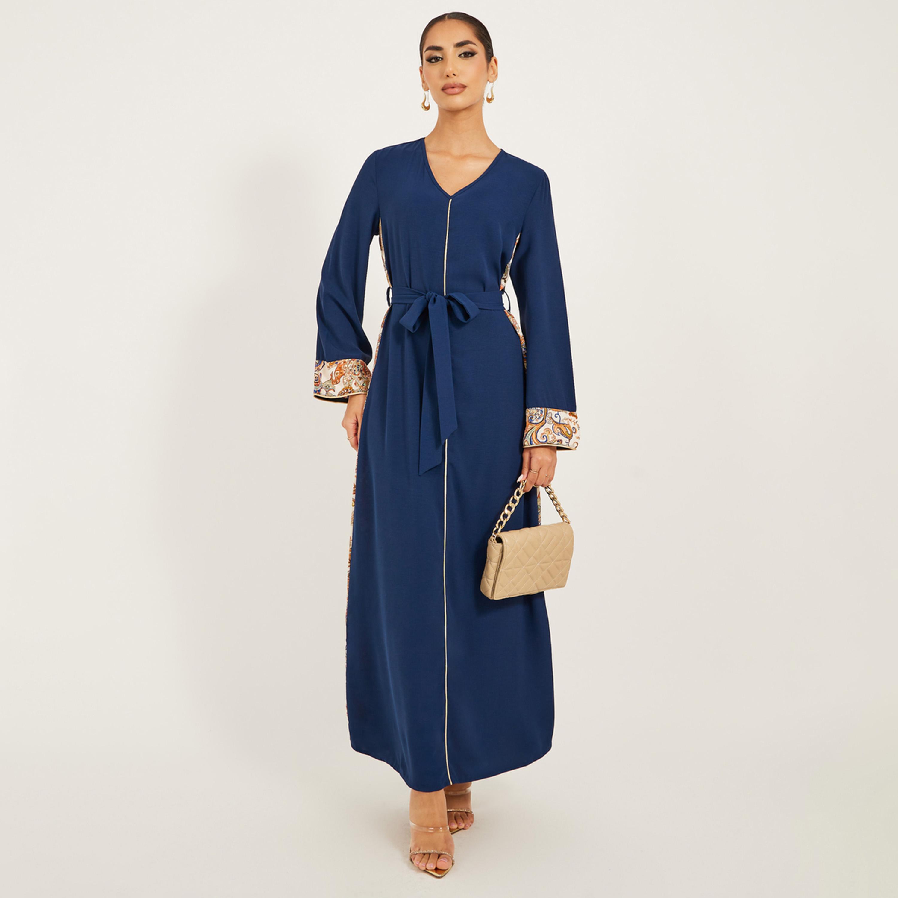 Styli Navy Olive Colour Jalabiya W/ Navy Blue Pailsey Print Inserts At Sides And Slv Cuff W/ Gold Cord Trim At Cf And Sleeve Hem-women-arabicclothing-jalabiyas-image-1
