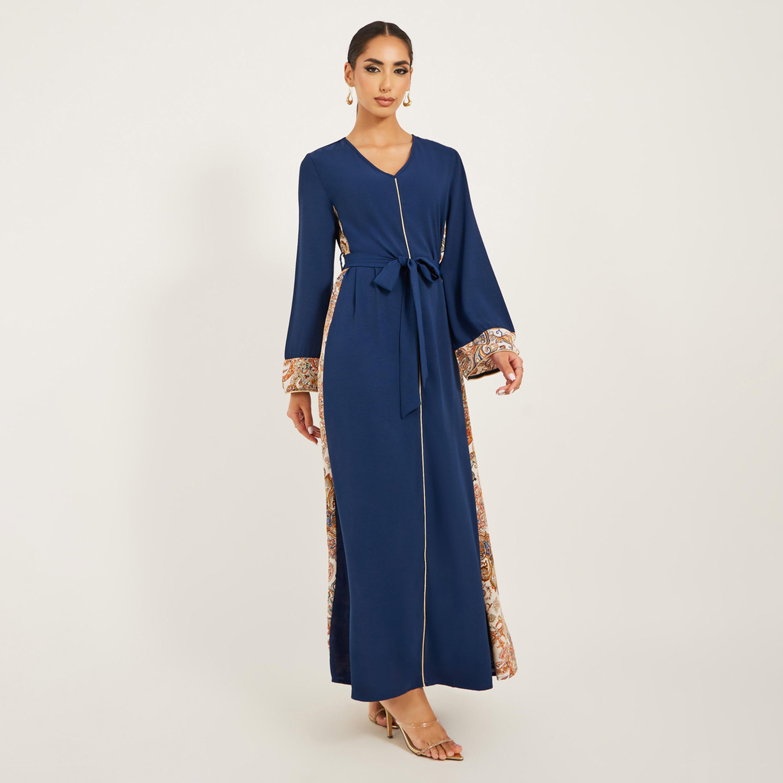 Styli Navy Olive Colour Jalabiya W/ Navy Blue Pailsey Print Inserts At Sides And Slv Cuff W/ Gold Cord Trim At Cf And Sleeve Hem-women-arabicclothing-jalabiyas-image-2