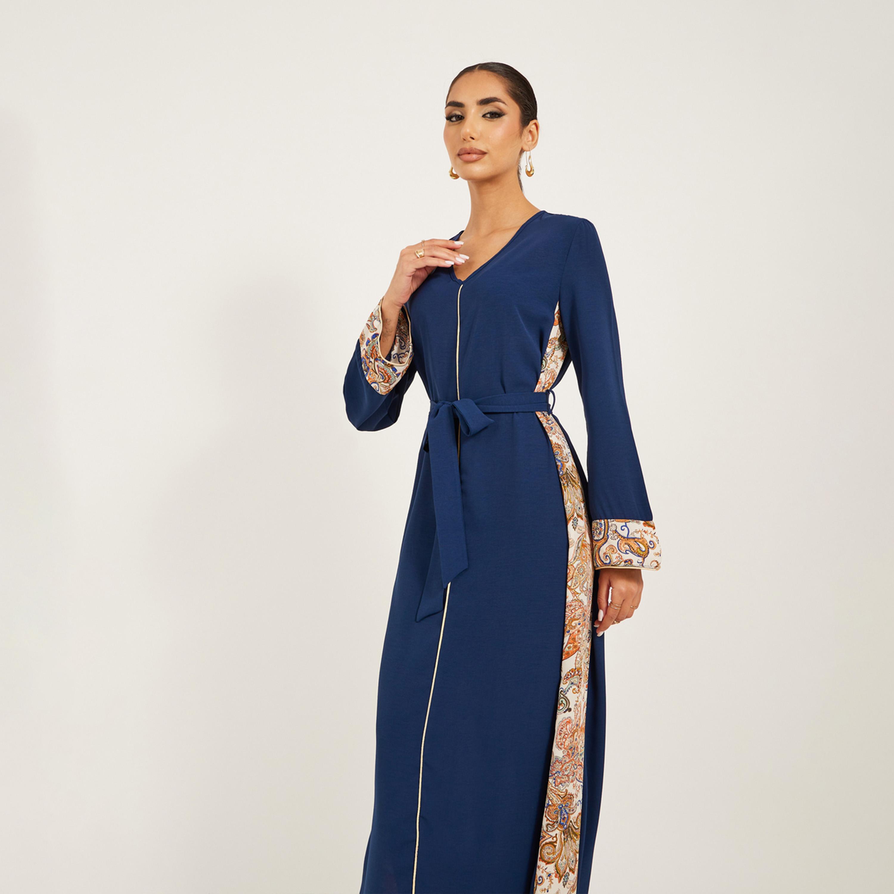 Styli Navy Olive Colour Jalabiya W/ Navy Blue Pailsey Print Inserts At Sides And Slv Cuff W/ Gold Cord Trim At Cf And Sleeve Hem-women-arabicclothing-jalabiyas-image-3