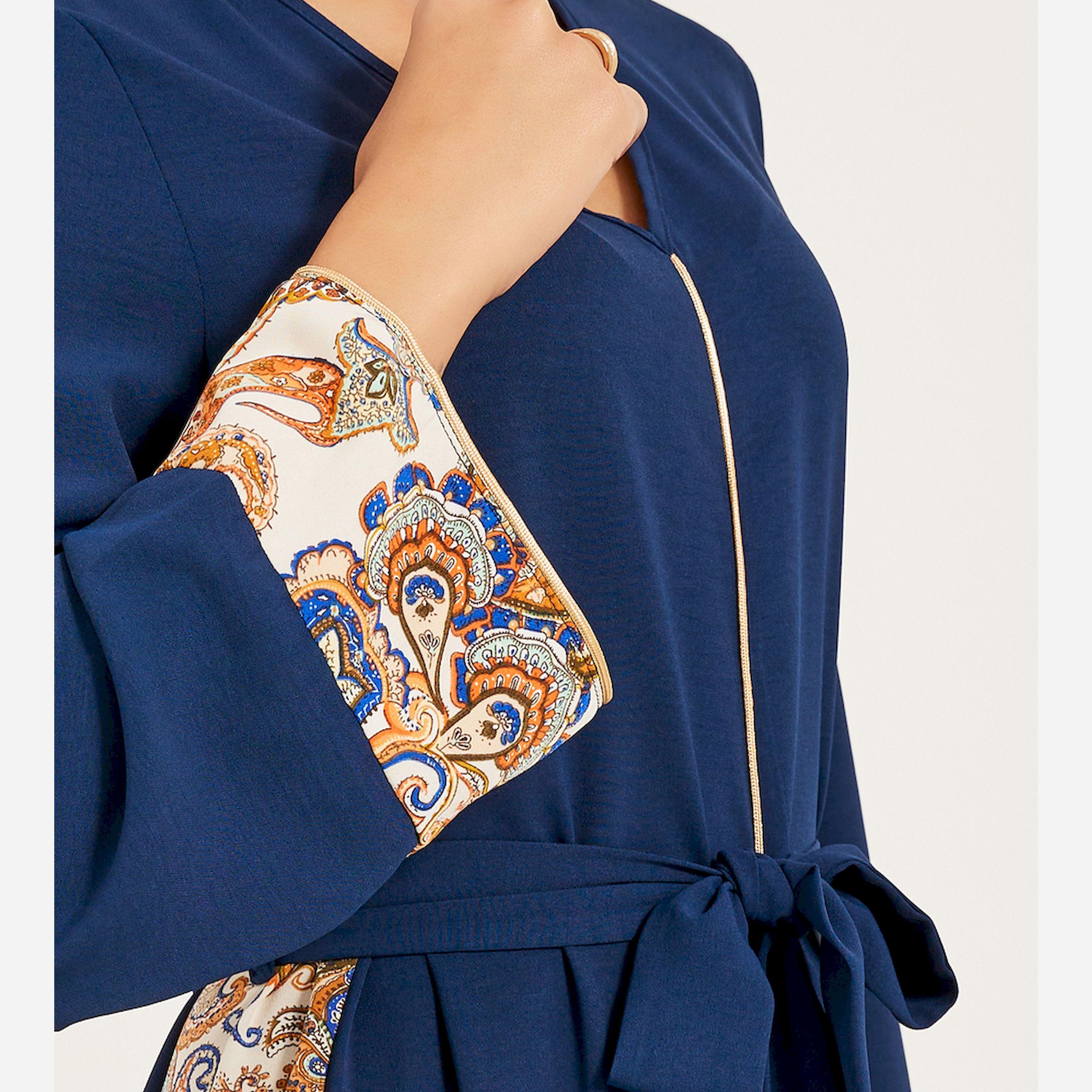 Styli Navy Olive Colour Jalabiya W/ Navy Blue Pailsey Print Inserts At Sides And Slv Cuff W/ Gold Cord Trim At Cf And Sleeve Hem-women-arabicclothing-jalabiyas-image-4