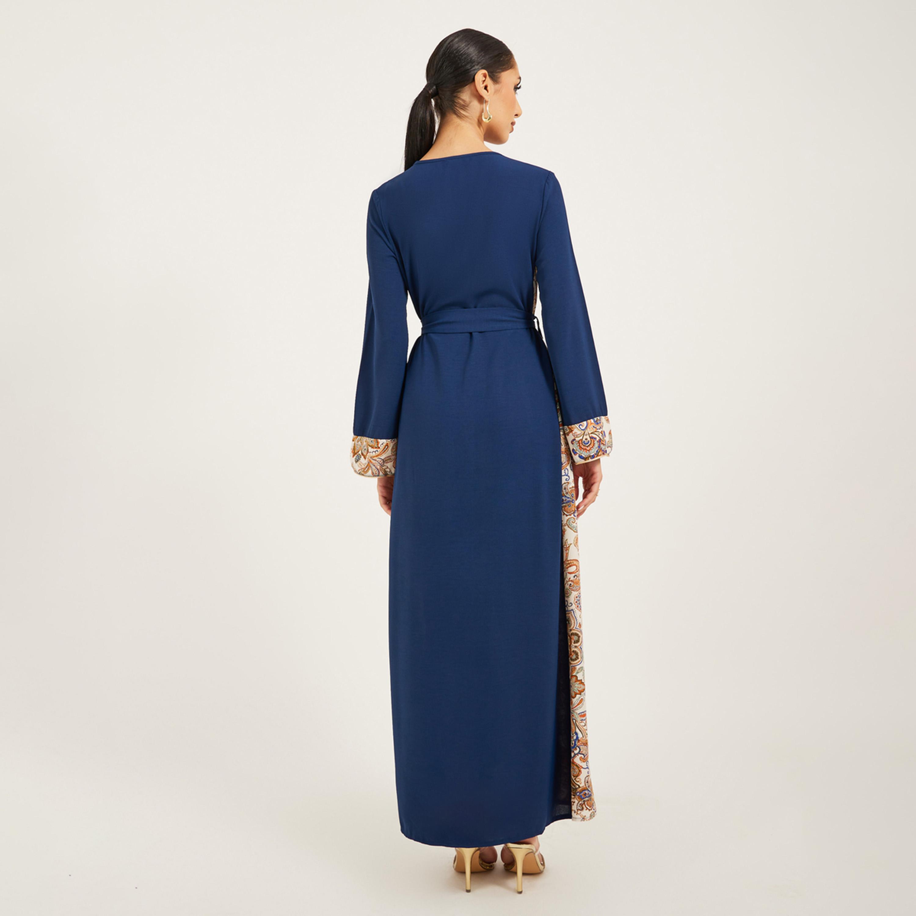 Styli Navy Olive Colour Jalabiya W/ Navy Blue Pailsey Print Inserts At Sides And Slv Cuff W/ Gold Cord Trim At Cf And Sleeve Hem-women-arabicclothing-jalabiyas-image-5