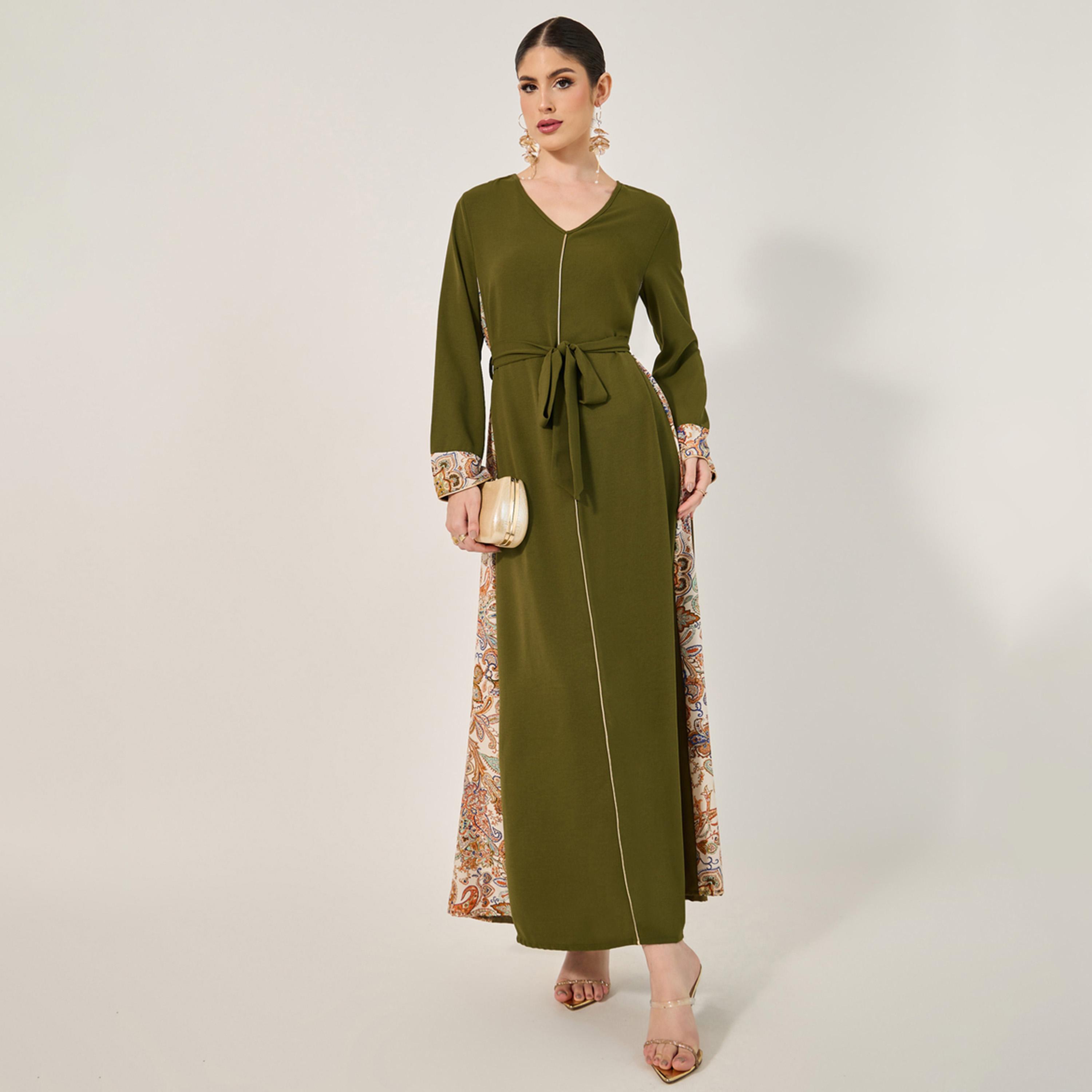 أميرة x ستايلي جلابية مطبعة بحافة واسعة مع تفاصيل ربطة-women-arabicclothing-jalabiyas-image-1