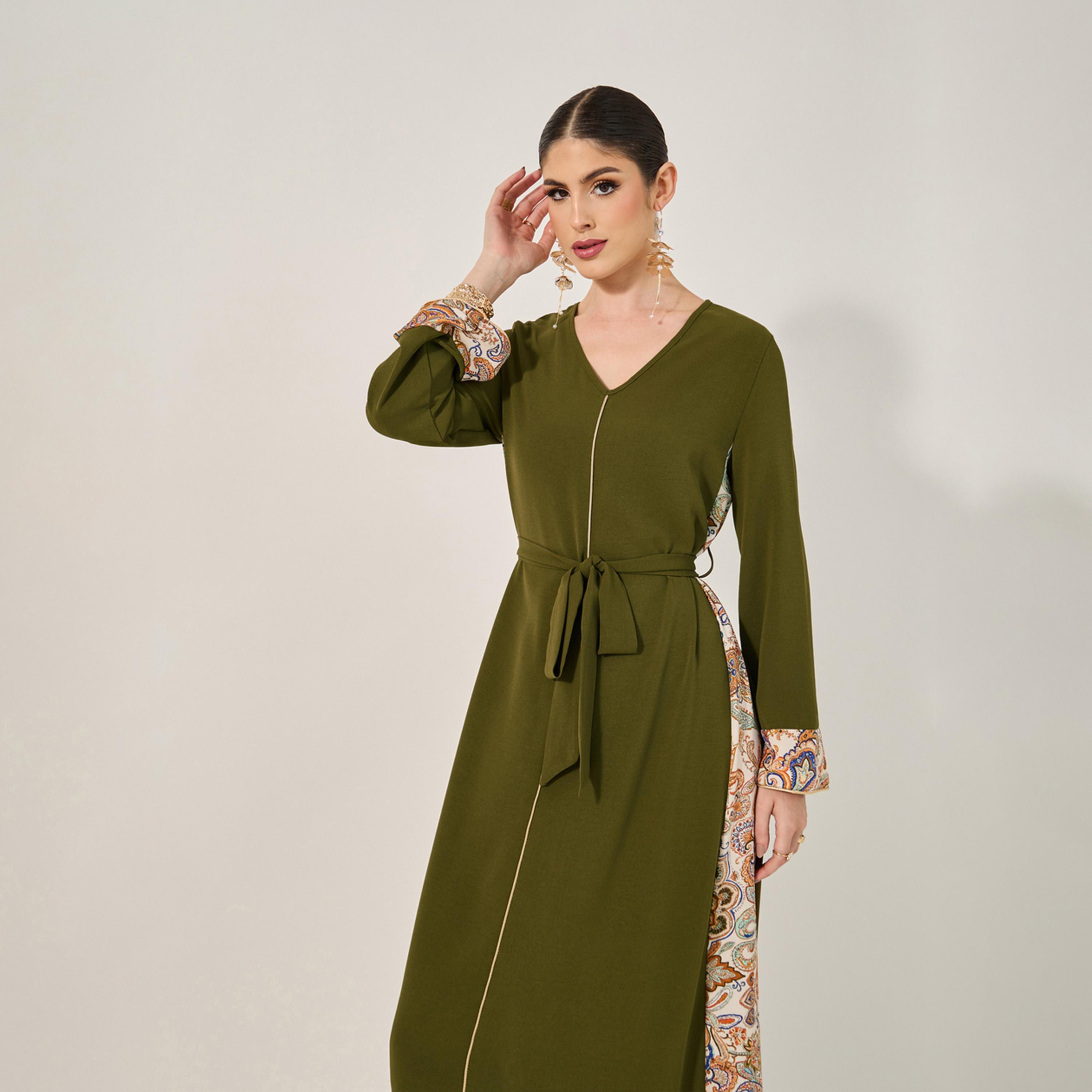 أميرة x ستايلي جلابية مطبعة بحافة واسعة مع تفاصيل ربطة-women-arabicclothing-jalabiyas-image-3