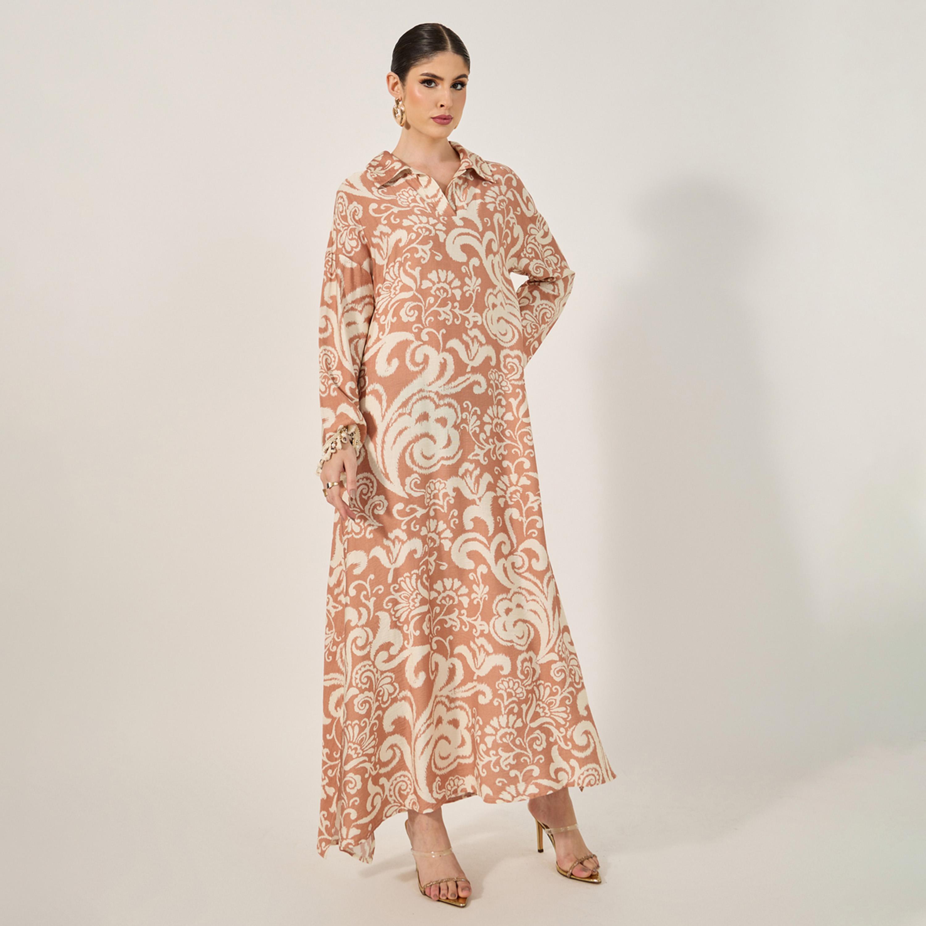 Styli Printed Soft Fabric Jalabiya In Collar Style W/ Tassel And Shell Trim At Sleeve Hem-women-arabicclothing-jalabiyas-image-2
