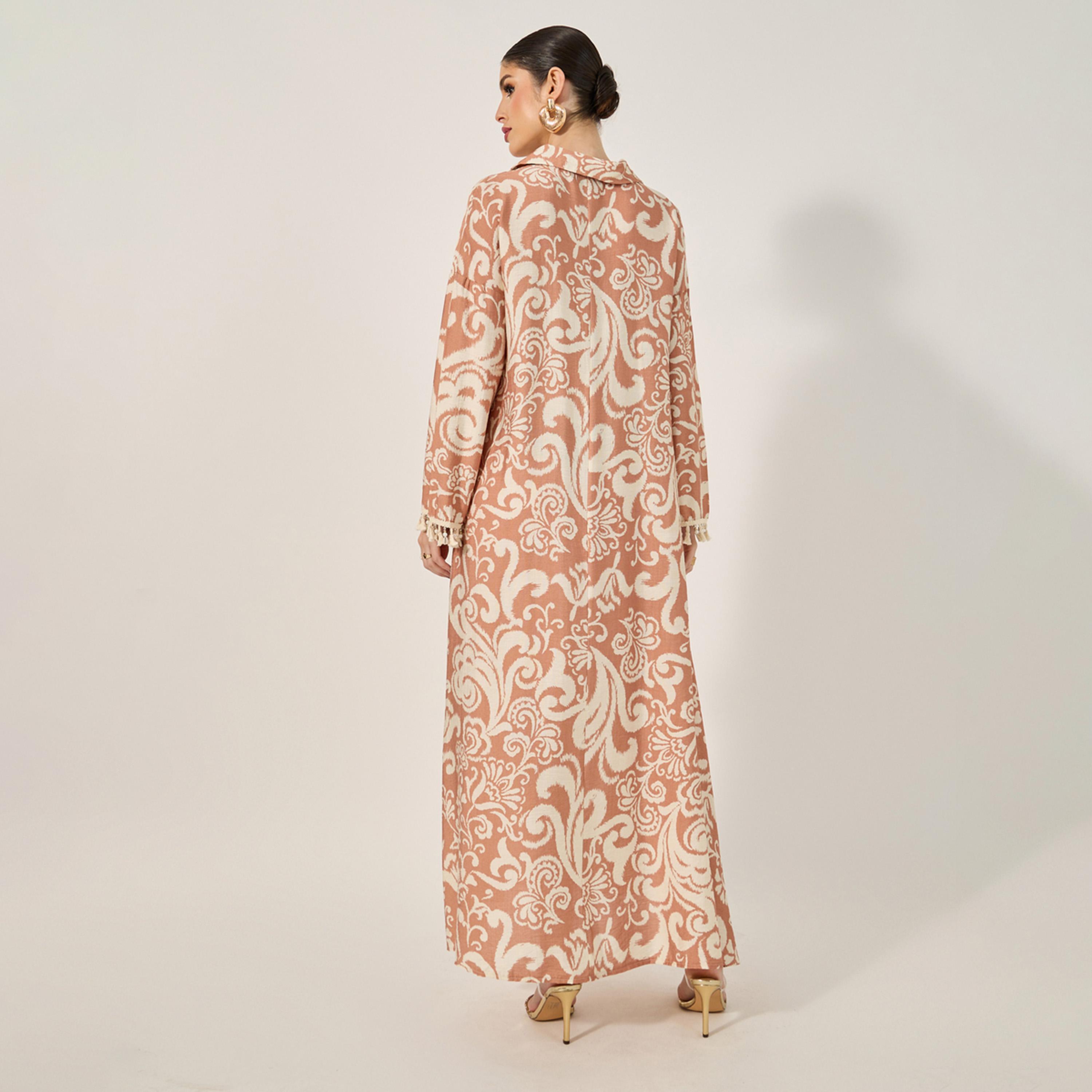 Styli Printed Soft Fabric Jalabiya In Collar Style W/ Tassel And Shell Trim At Sleeve Hem-women-arabicclothing-jalabiyas-image-5