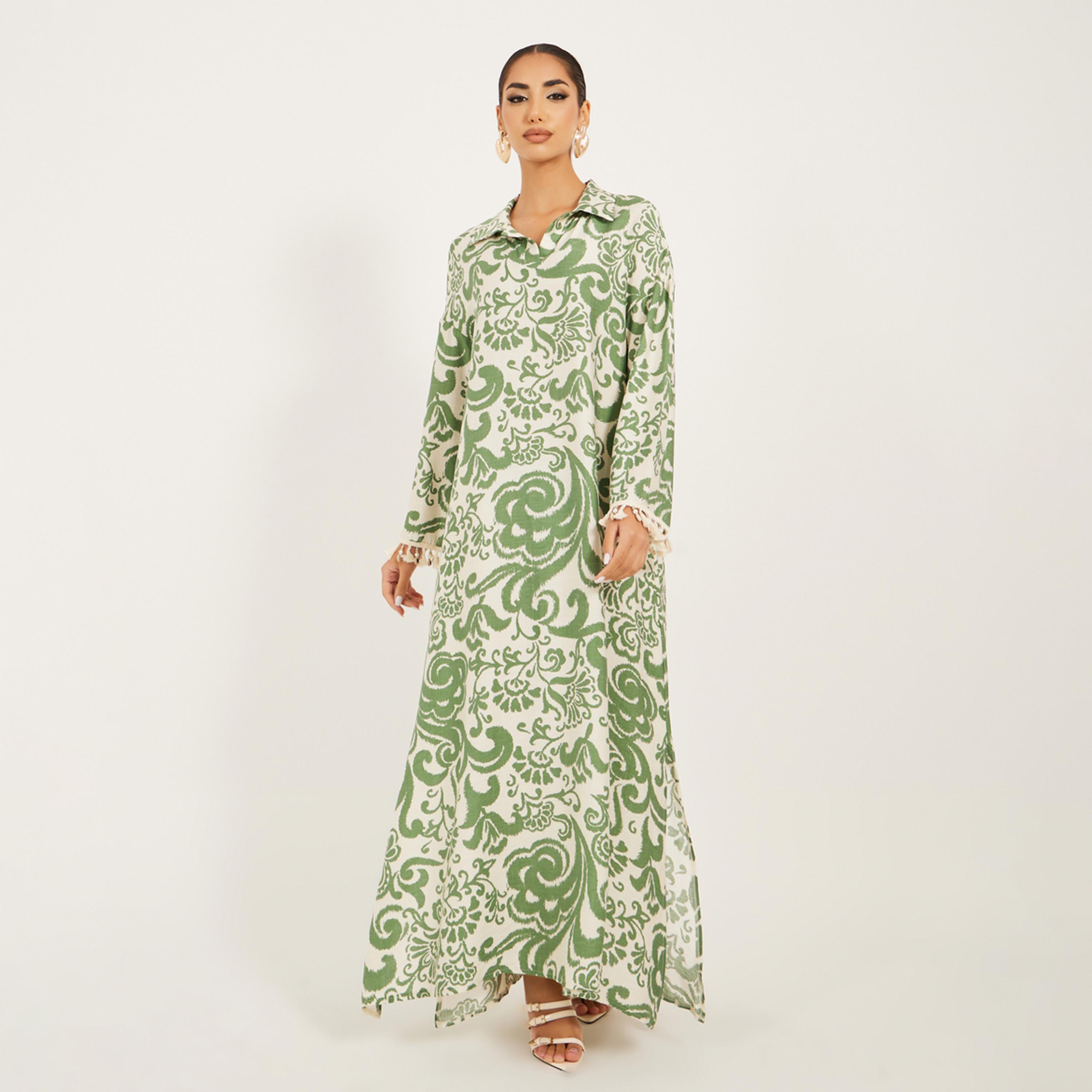 Styli Printed Soft Fabric Jalabiya In Collar Style W/ Tassel And Shell Trim At Sleeve Hem-women-arabicclothing-jalabiyas-image-1