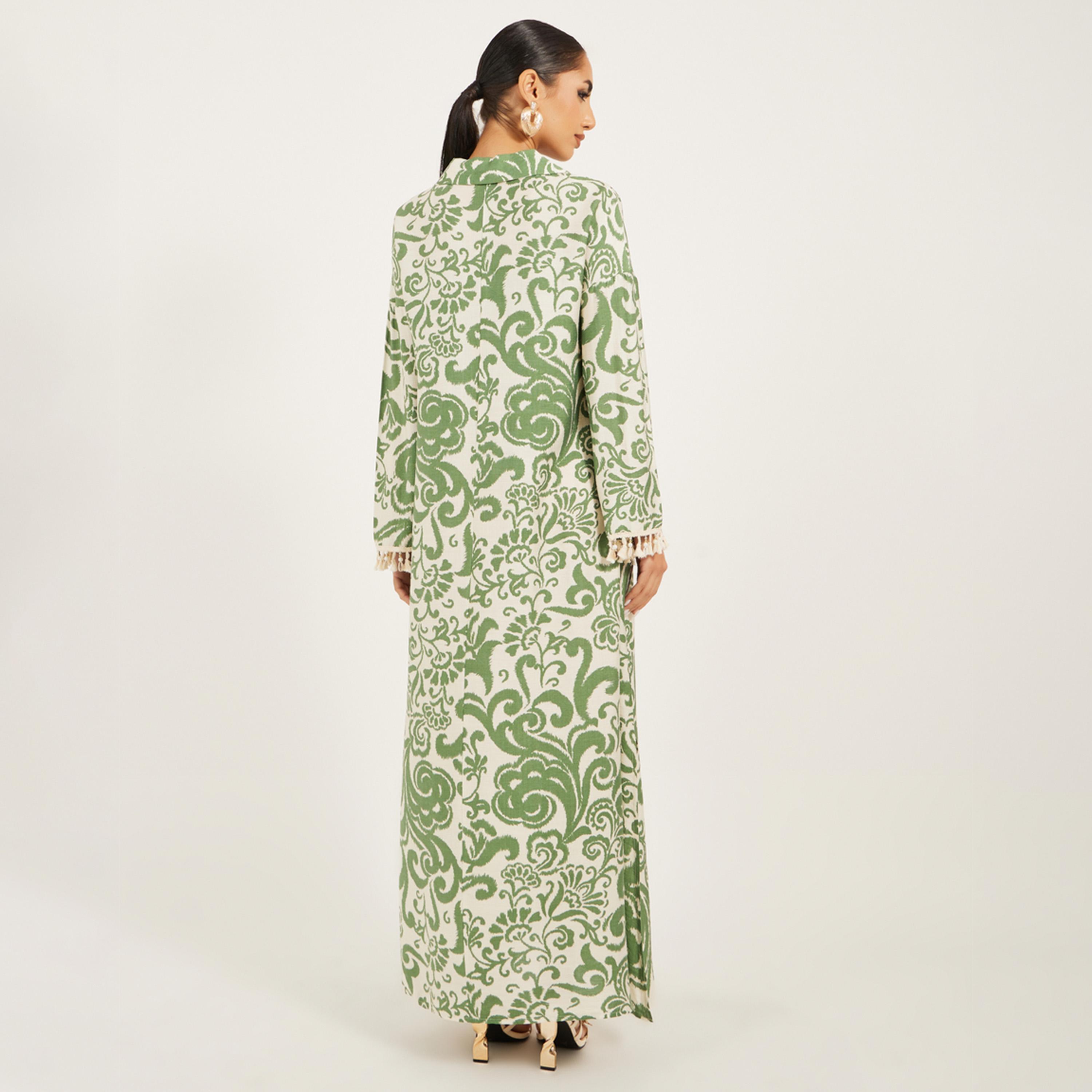 Styli Printed Soft Fabric Jalabiya In Collar Style W/ Tassel And Shell Trim At Sleeve Hem-women-arabicclothing-jalabiyas-image-5