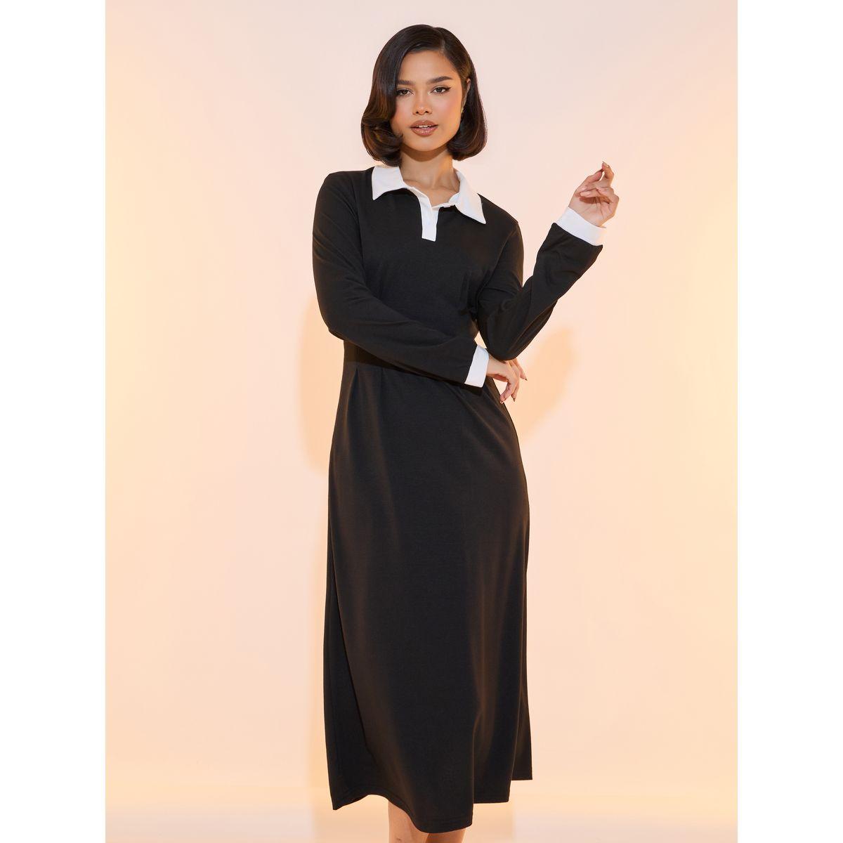 Take Two Contrast Polo Neck Long Sleeves Midi Dress-women-clothing-dresses-image-2