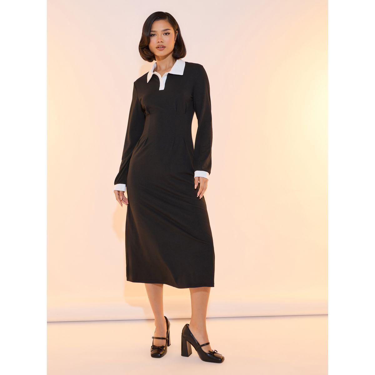 Take Two Contrast Polo Neck Long Sleeves Midi Dress-women-clothing-dresses-image-4