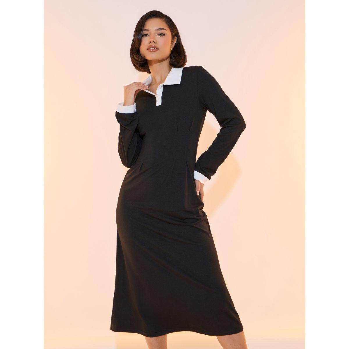 Take Two Contrast Polo Neck Long Sleeves Midi Dress-women-clothing-dresses-image-5