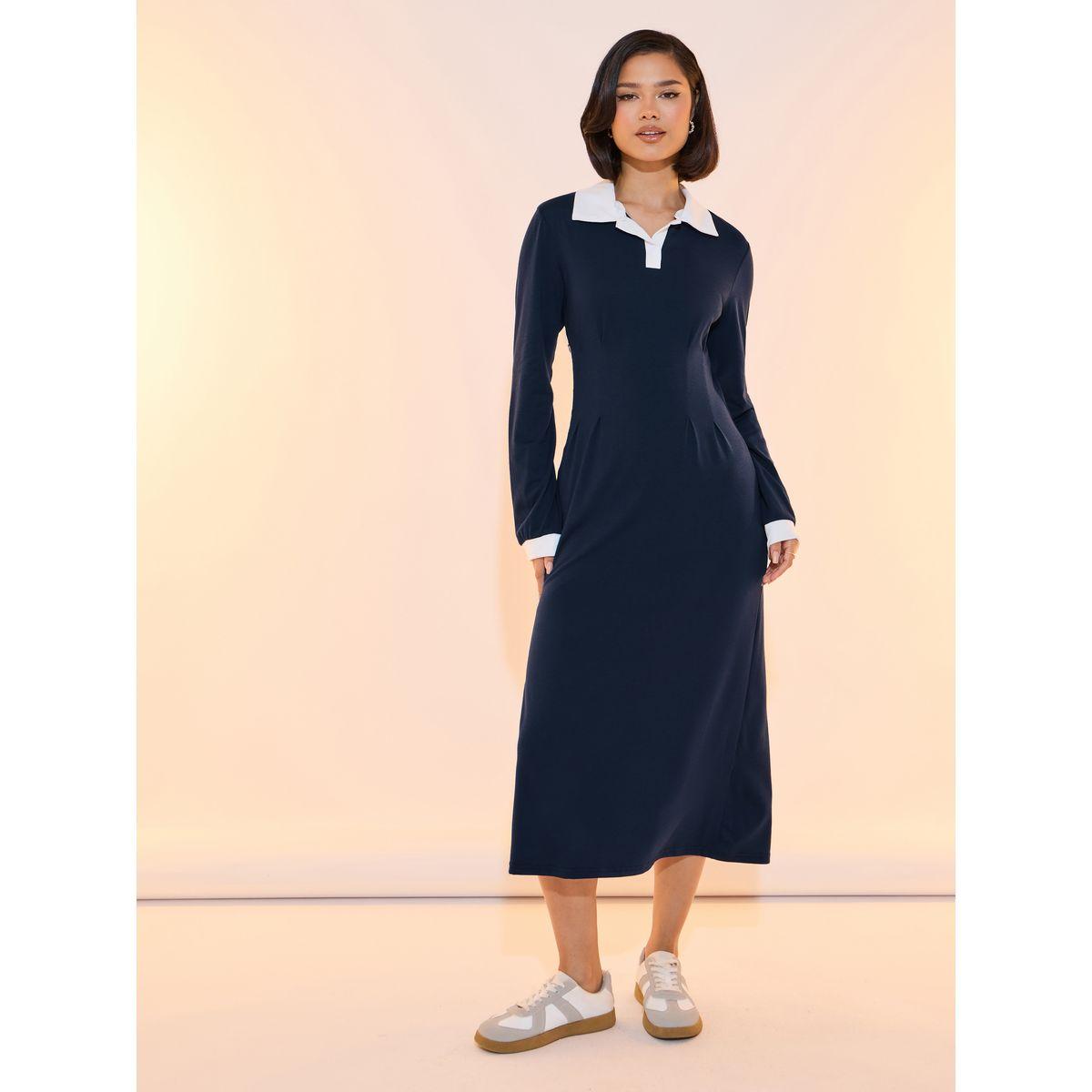 فستان ميدي بياقة بولو وأكمام طويلة-women-clothing-dresses-image-1