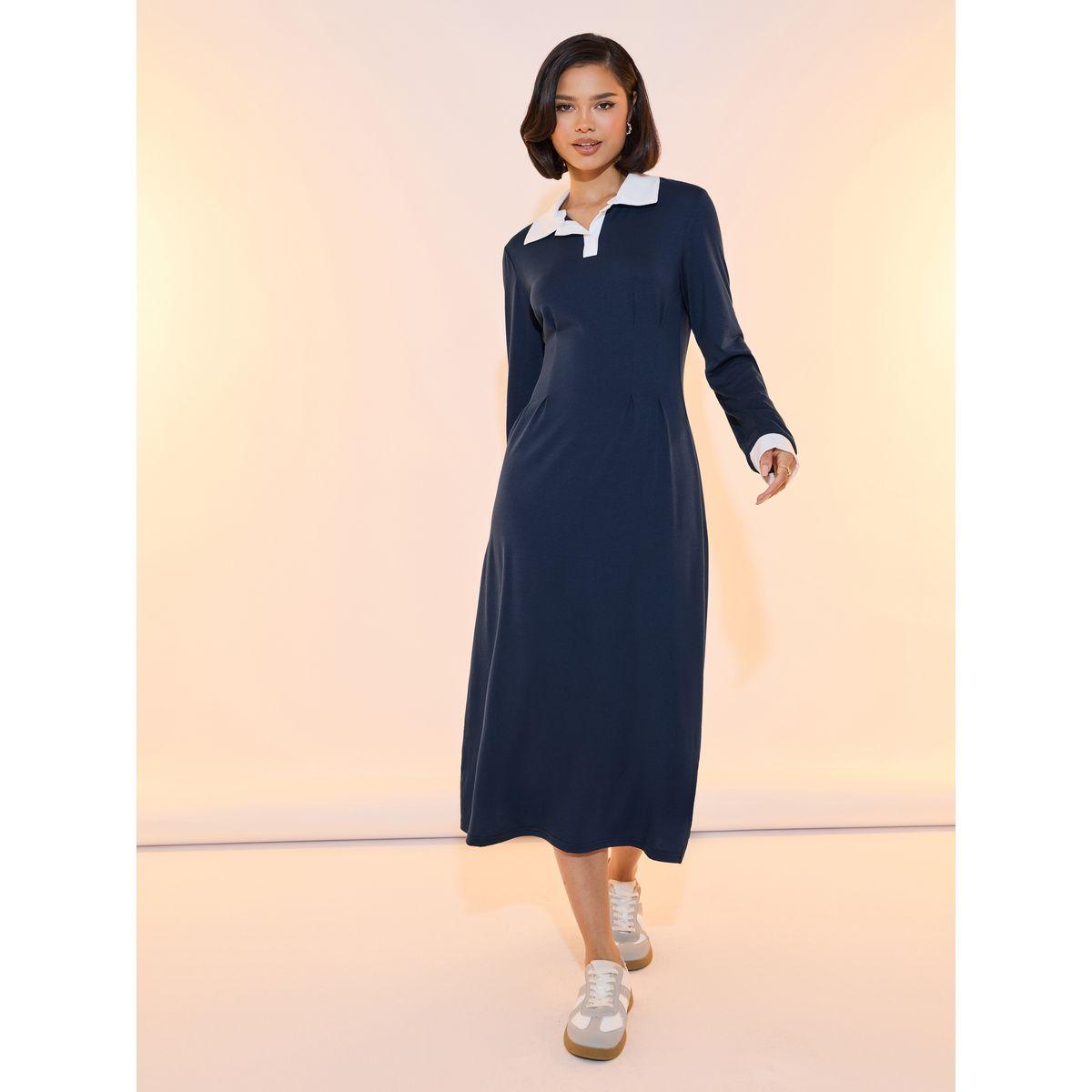 Take Two Contrasting Polo Neck Long Sleeve Midi Dress-women-clothing-dresses-image-4
