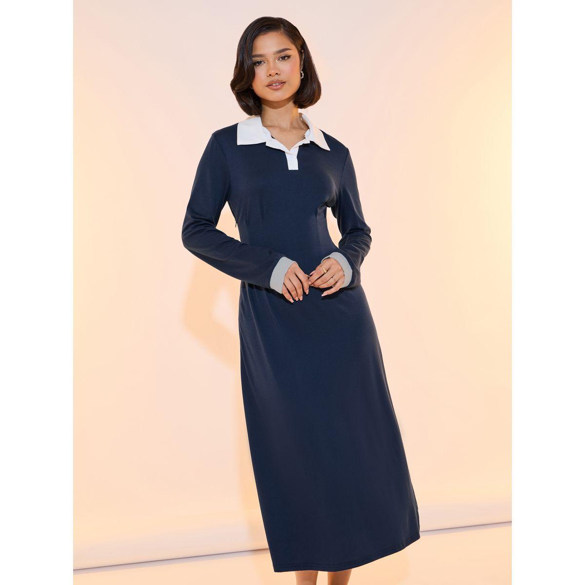 فستان ميدي بياقة بولو وأكمام طويلة-women-clothing-dresses-image-5
