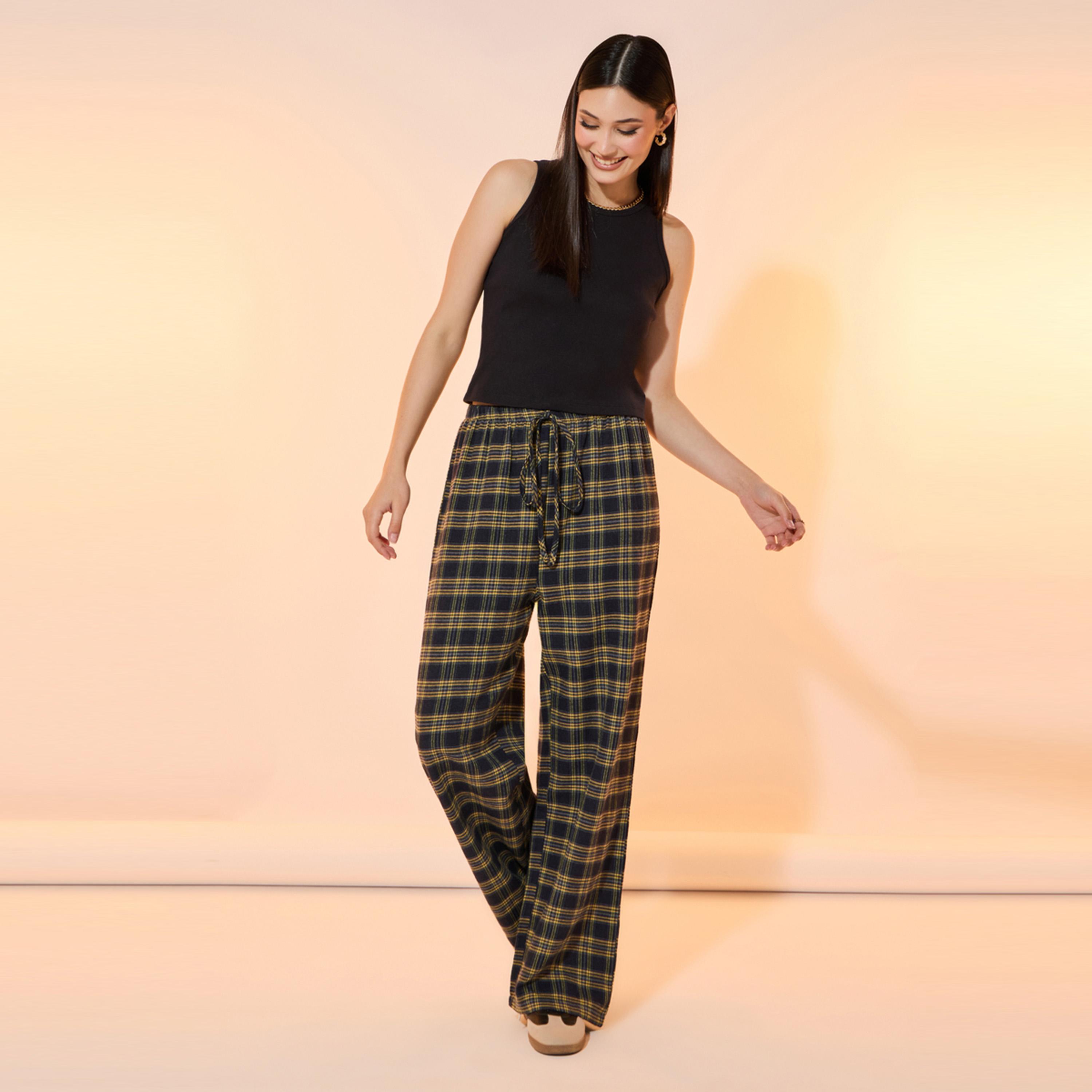 Take Two Checked Mid Rise Straight Fit Pants with Drawstring-women-clothing-bottoms-trousers-image-1