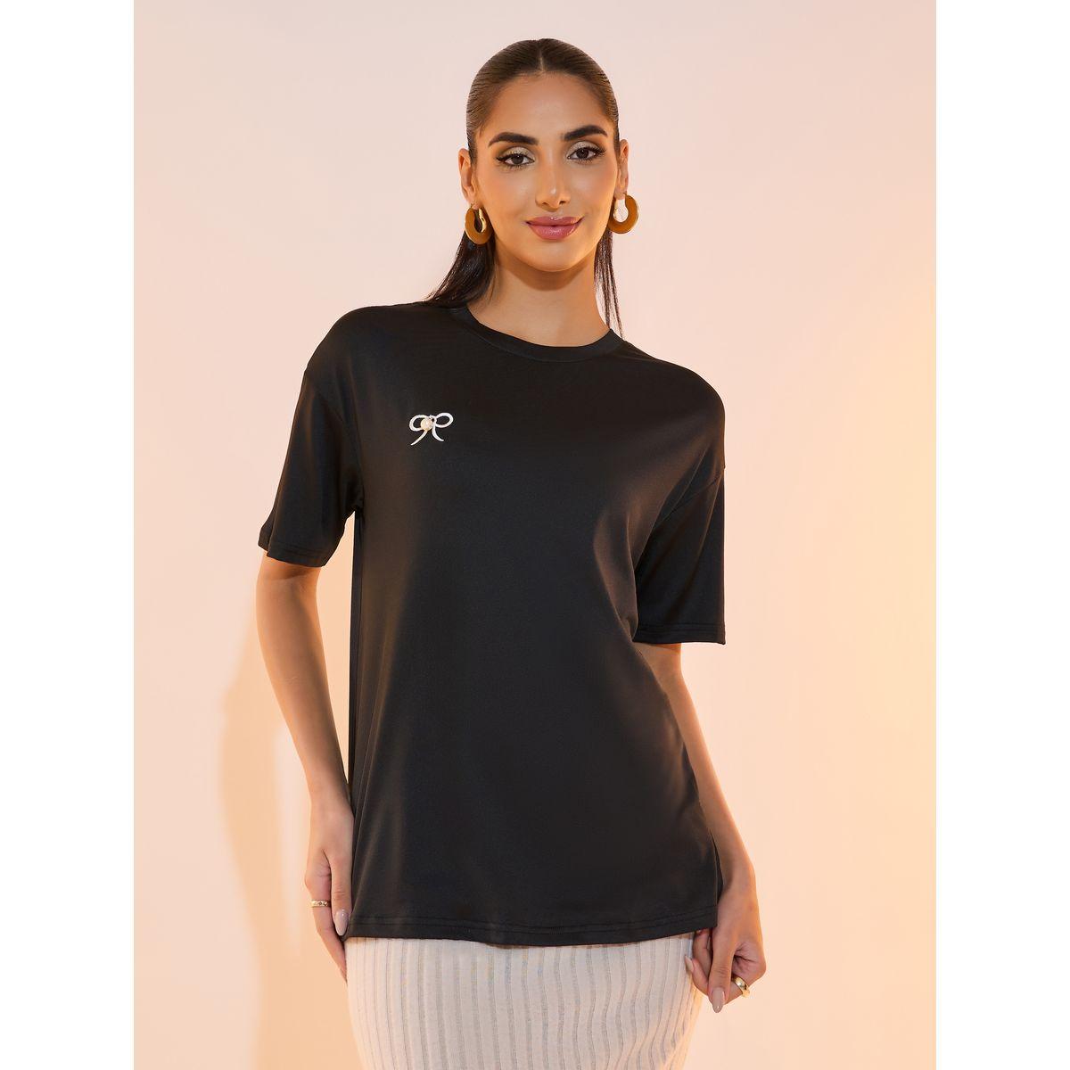 Take Two Round Neck Embroidered Bow Pearl Detail T-shirt-women-clothing-tshirts-image-1