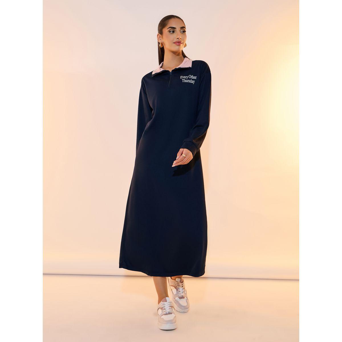 Take Two Slogan Print Detail Half Zipper Midi Dress-women-clothing-dresses-image-1