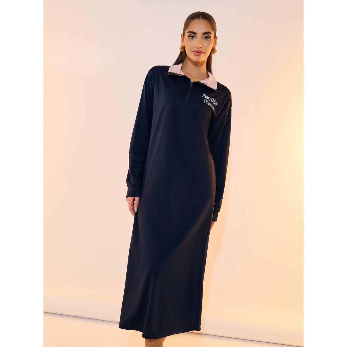 Take Two Slogan Print Detail Half Zipper Midi Dress-women-clothing-dresses-image-5