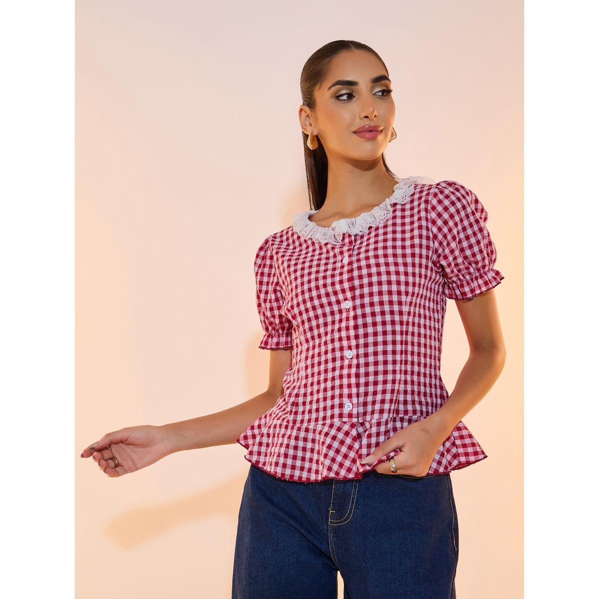 بلوزة بطبعة مربعات وأكمام قصيرة-women-clothing-shirtsandblouses-shirts-image-1