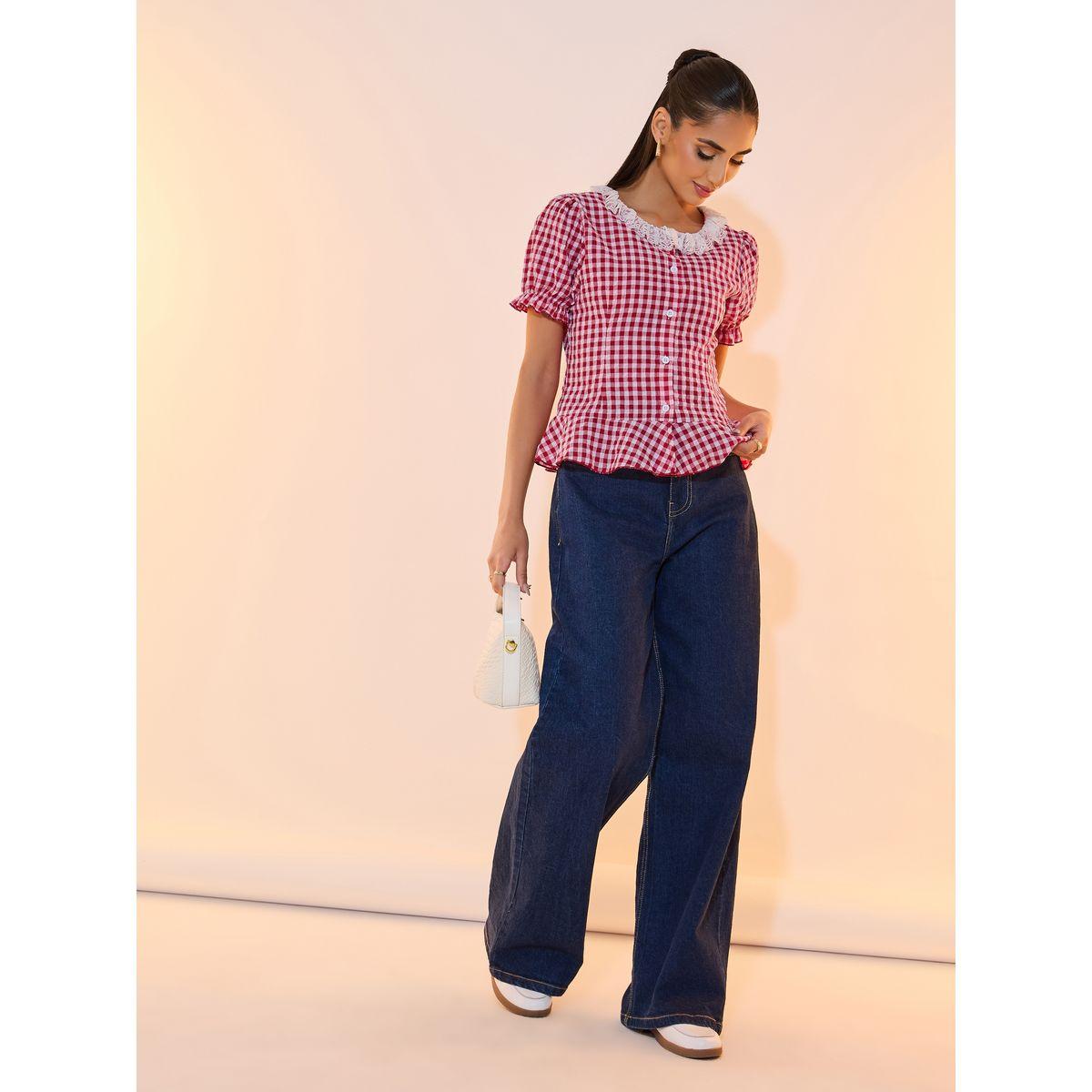 Take Two Check Lace Detail Short Sleeves Shirt-women-clothing-shirtsandblouses-shirts-image-2