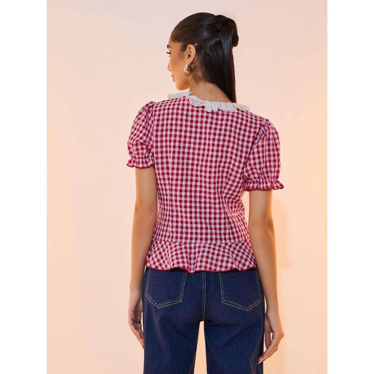Take Two Check Lace Detail Short Sleeves Shirt-women-clothing-shirtsandblouses-shirts-image-4