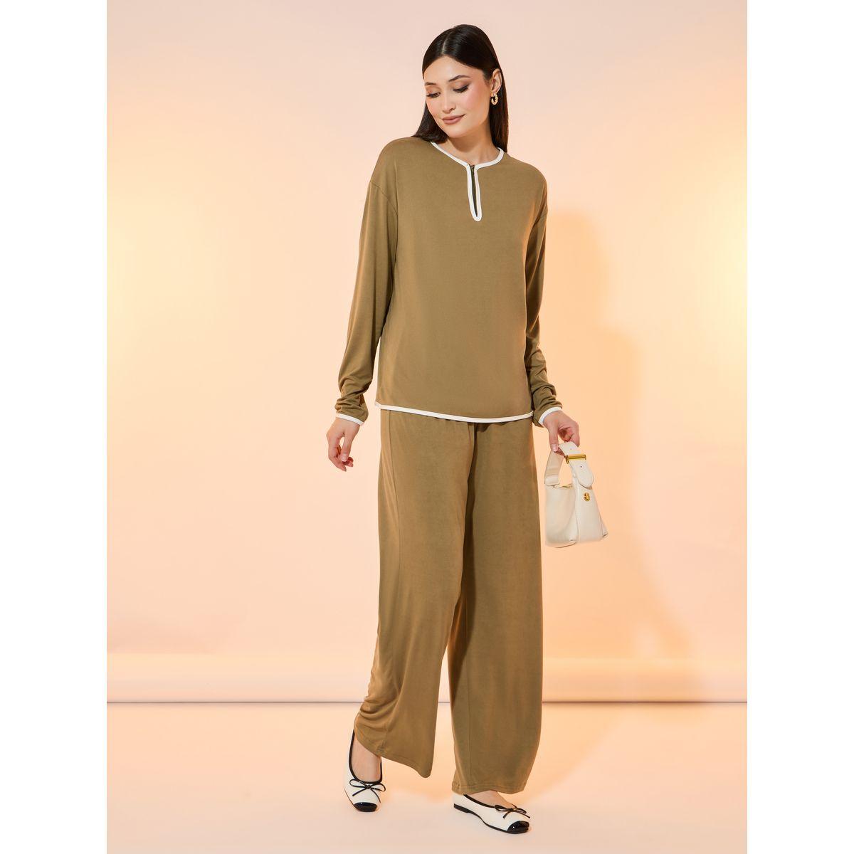 Take Two Contrast Trim Quarter Zip Top and Pants Co-Ords-women-clothing-coordsets-image-1