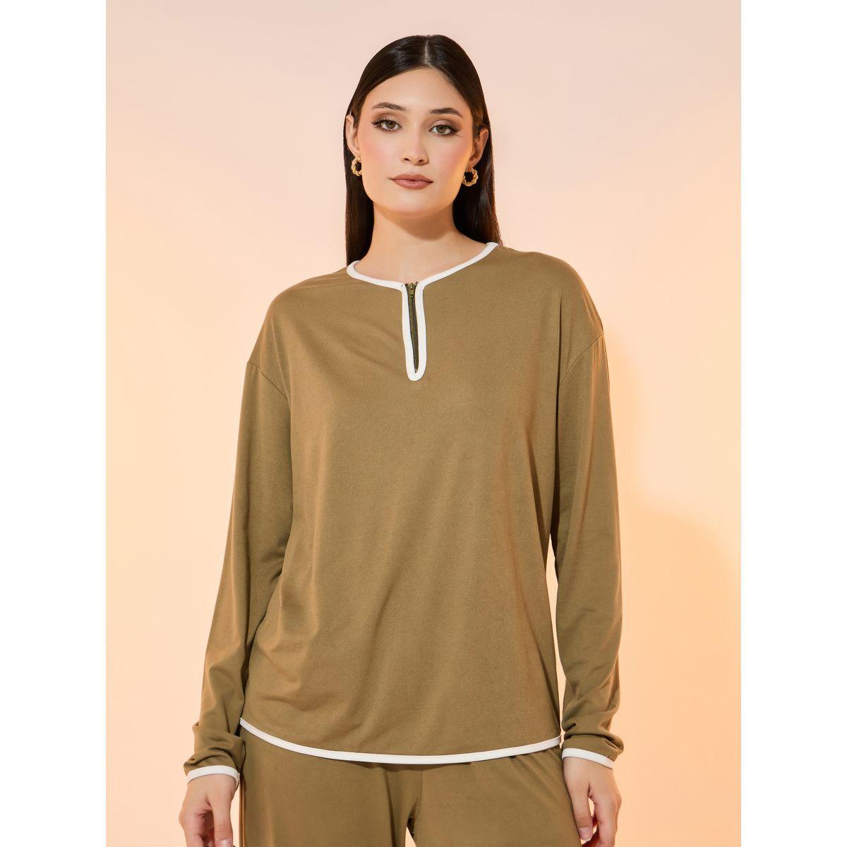 Take Two Contrast Trim Quarter Zip Top and Pants Co-Ords-women-clothing-coordsets-image-2