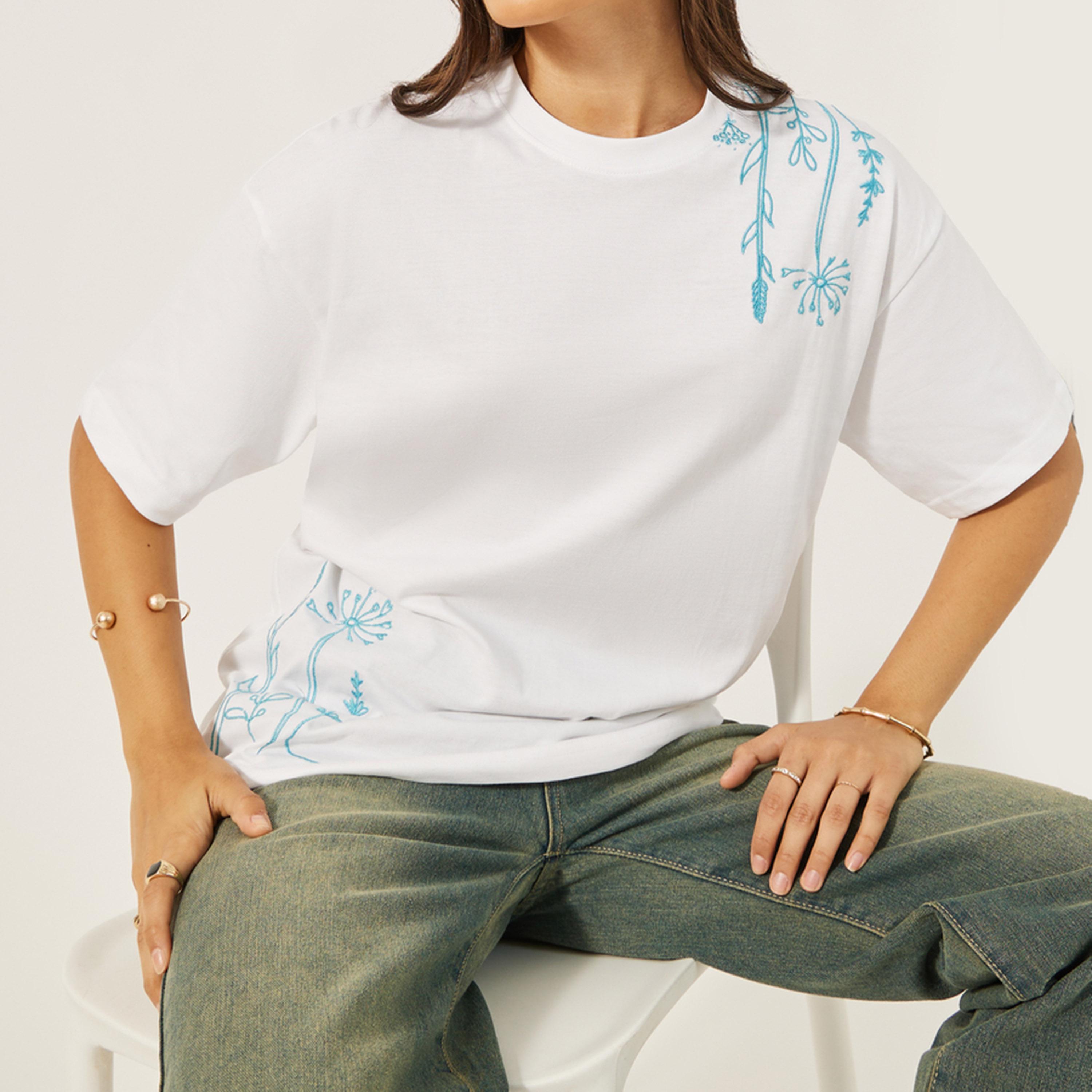 Styli Embroidered Oversized Round Neck Longline T-Shirt-women-clothing-tshirts-image-1