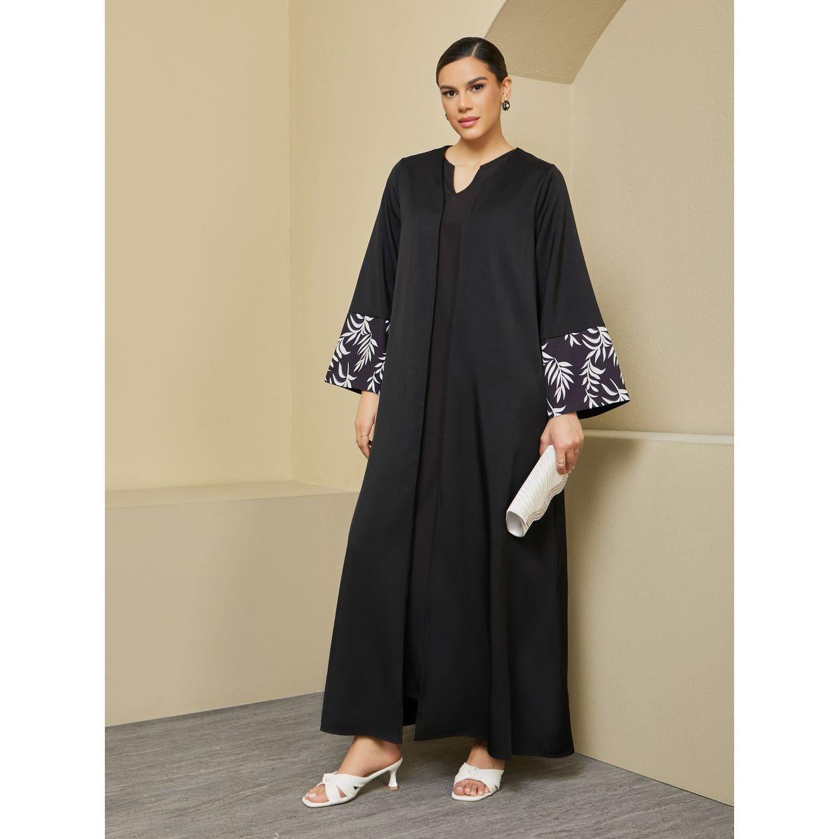 Styli Front Open Abaya with Printed Sleeve Cuff Panel Detail-women-arabicclothing-abayas-image-1