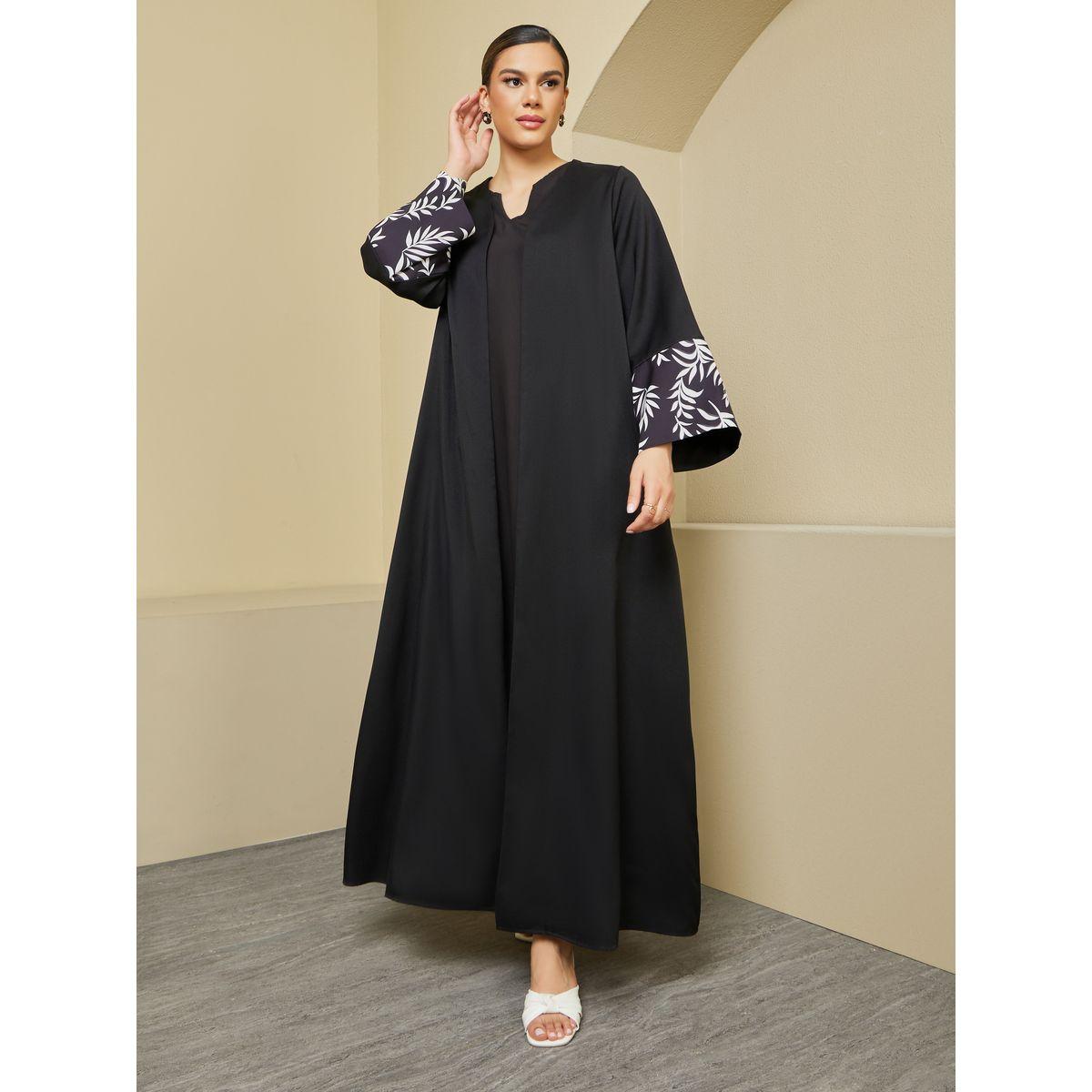 Styli Front Open Abaya with Printed Sleeve Cuff Panel Detail-women-arabicclothing-abayas-image-3