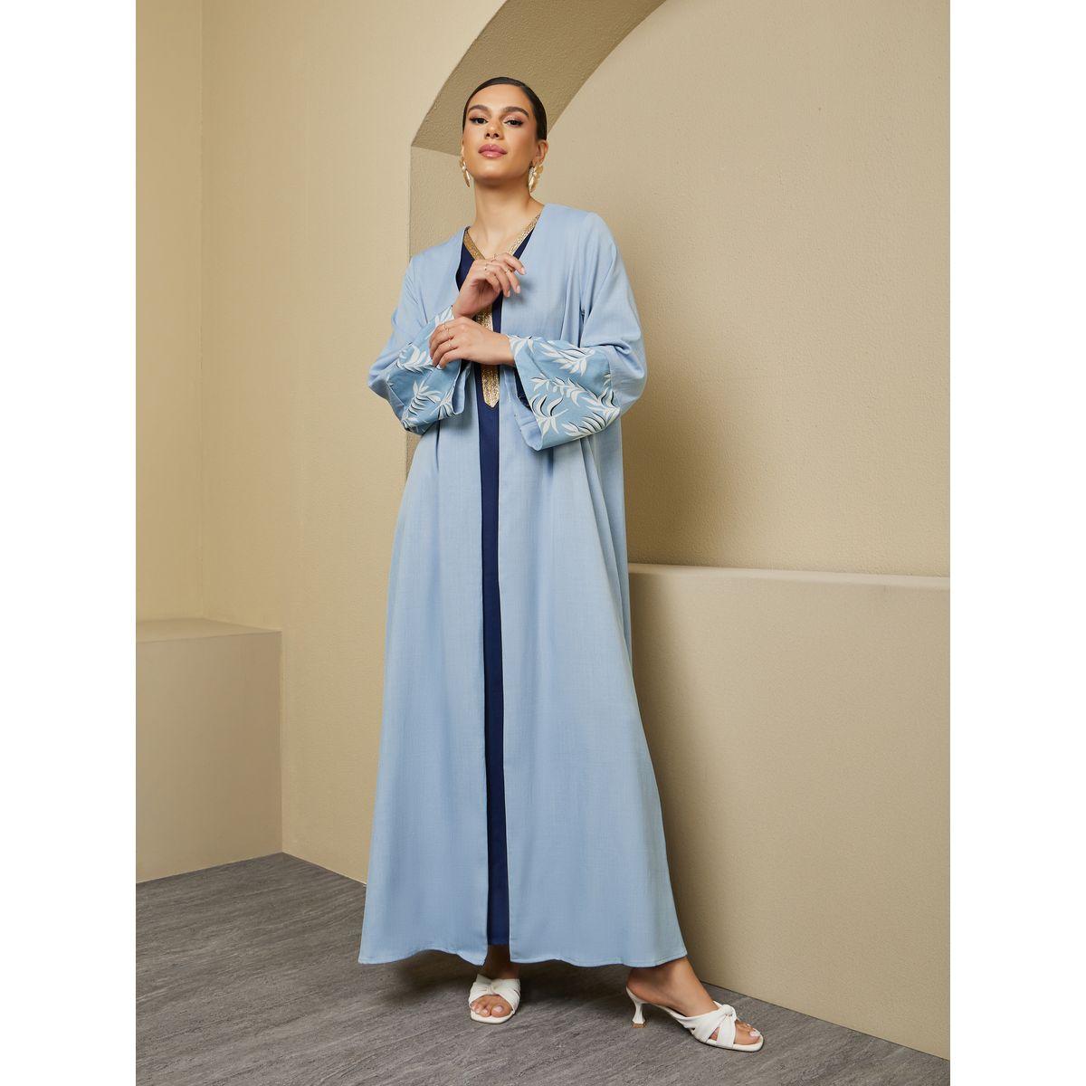 Styli Front Open Abaya with Printed Sleeve Cuff Panel Detail-women-arabicclothing-abayas-image-1