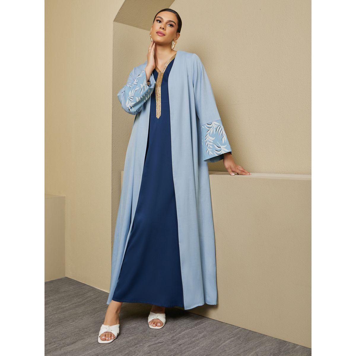 Styli Front Open Abaya with Printed Sleeve Cuff Panel Detail-women-arabicclothing-abayas-image-2