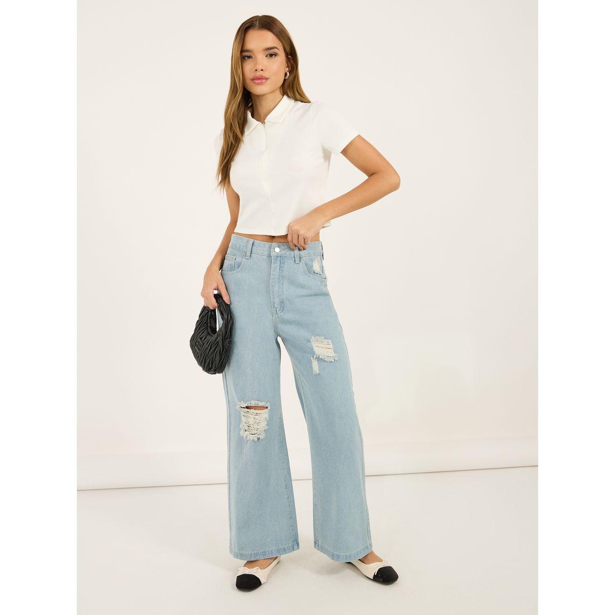جينز بخصر عالي وأرجل واسعة مع تفاصيل ممزقة-women-clothing-bottoms-jeans-image-1