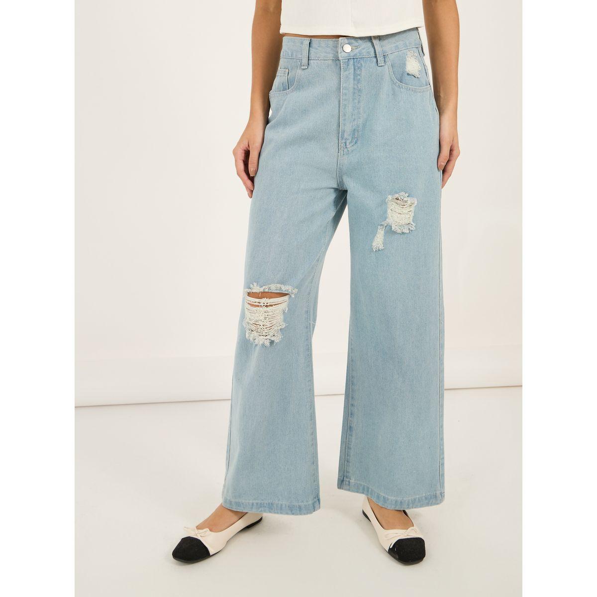 جينز بخصر عالي وأرجل واسعة مع تفاصيل ممزقة-women-clothing-bottoms-jeans-image-2