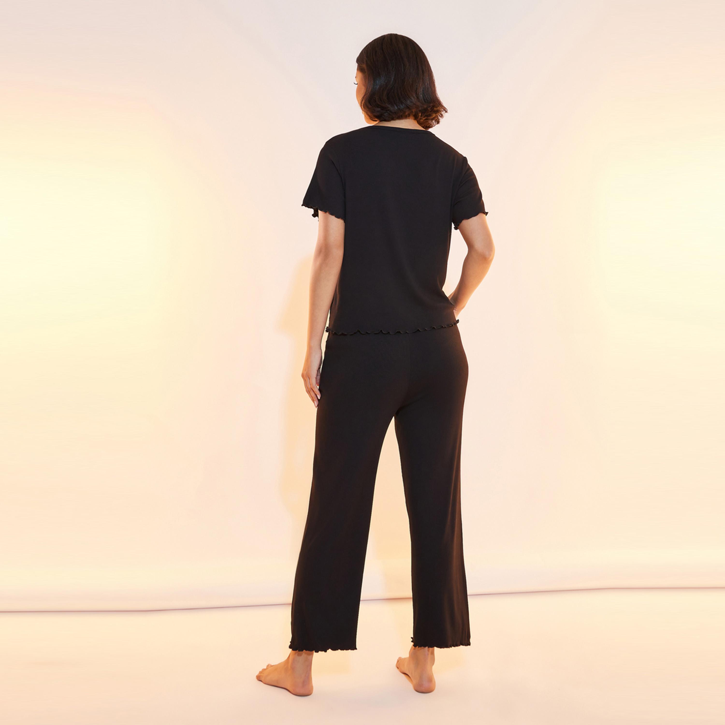 Take Two Embroidered Slogan Round Neck T-Shirt and Trousers Pyjama Set-women-clothing-nightwear-pyjamas-longsets-image-4