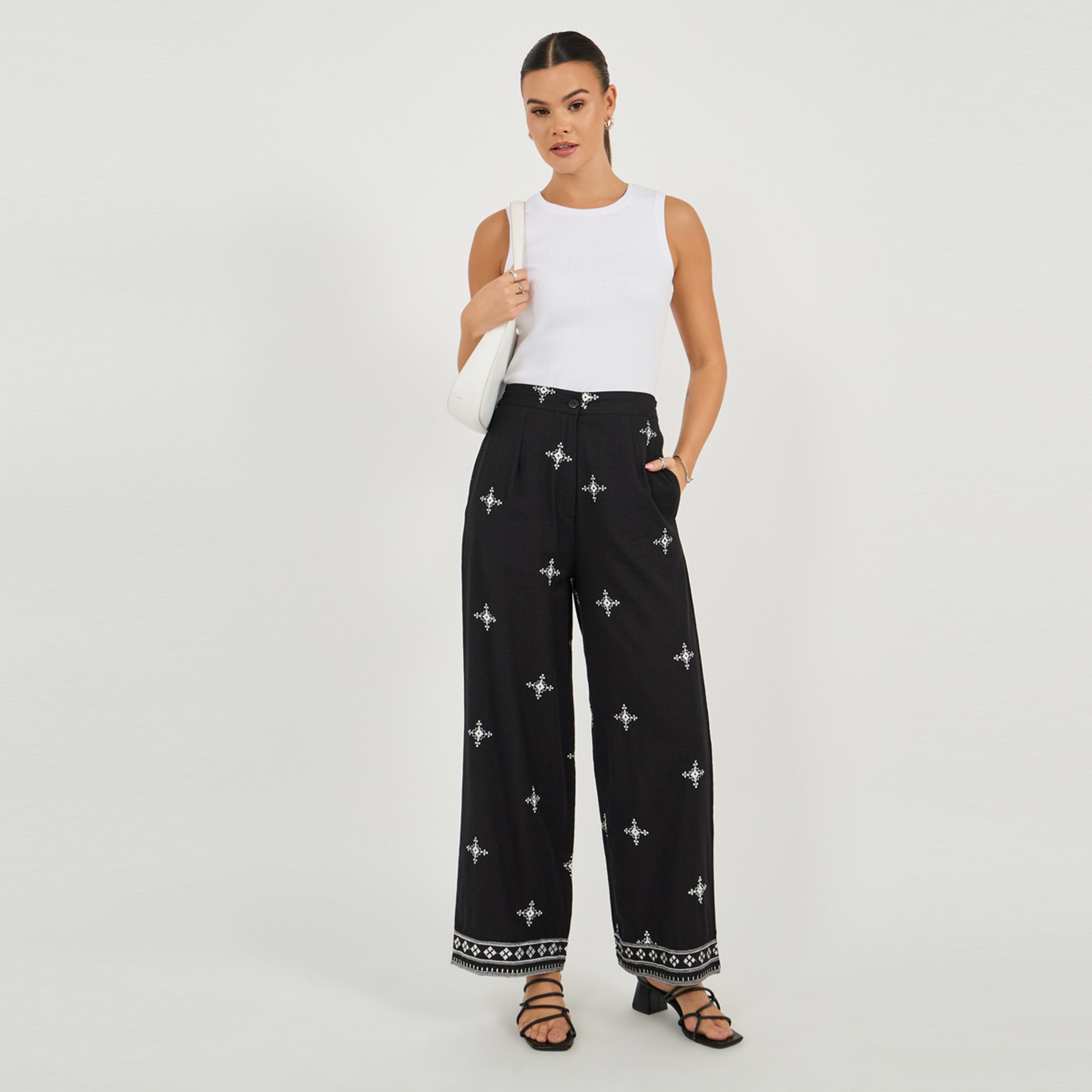 ستايلي - بنطال بقصّة مستقيمة ونمط مطرز-women-clothing-bottoms-trousers-image-1
