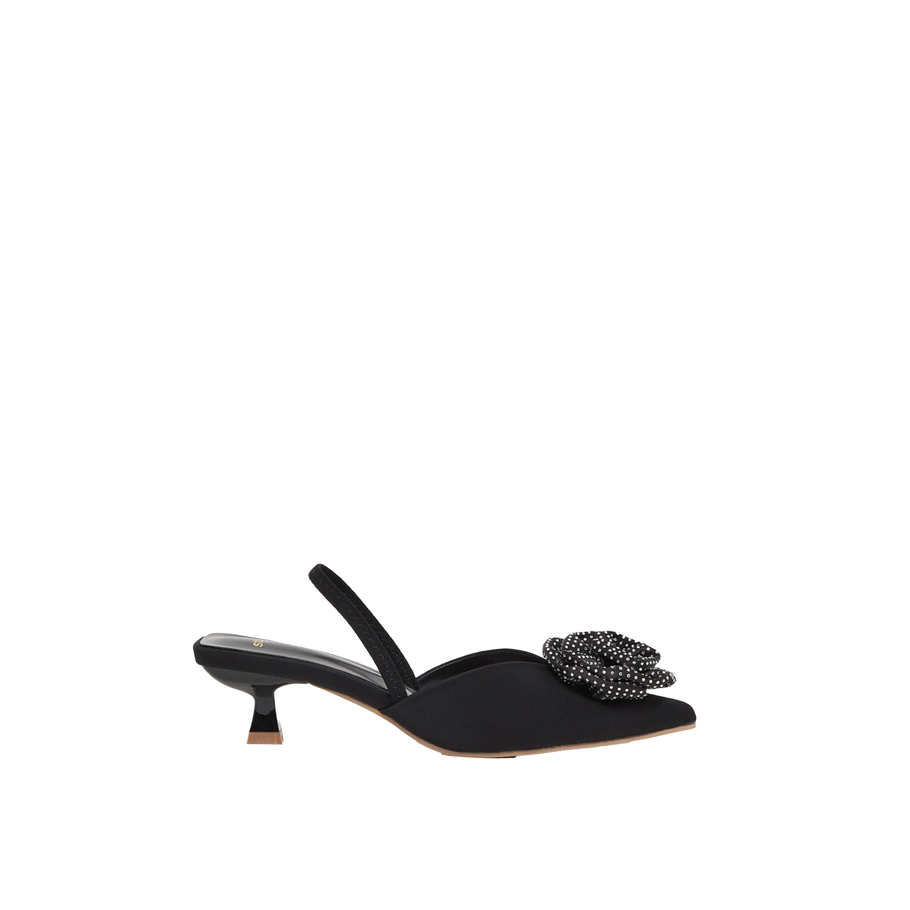 ستايلي -  حذاء بكعب صغير مفتوح من الخلف ومزين بتفاصيل زهور وردية-women-shoes-heels-image-1