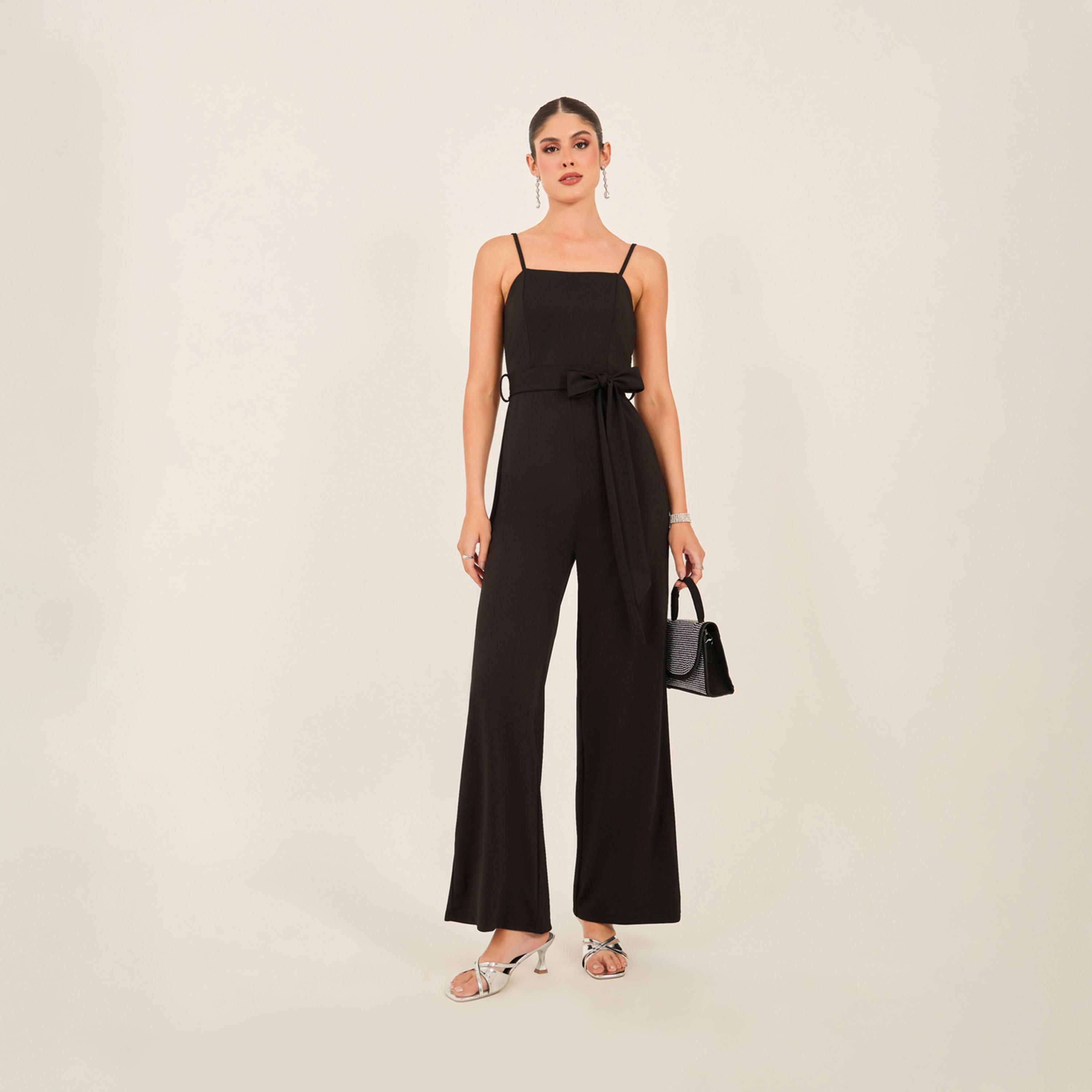 ستايلي - جمبسوت سادة بساق عريضة مع تفاصيل رباط الخصر-women-clothing-jumpsuits-image-1