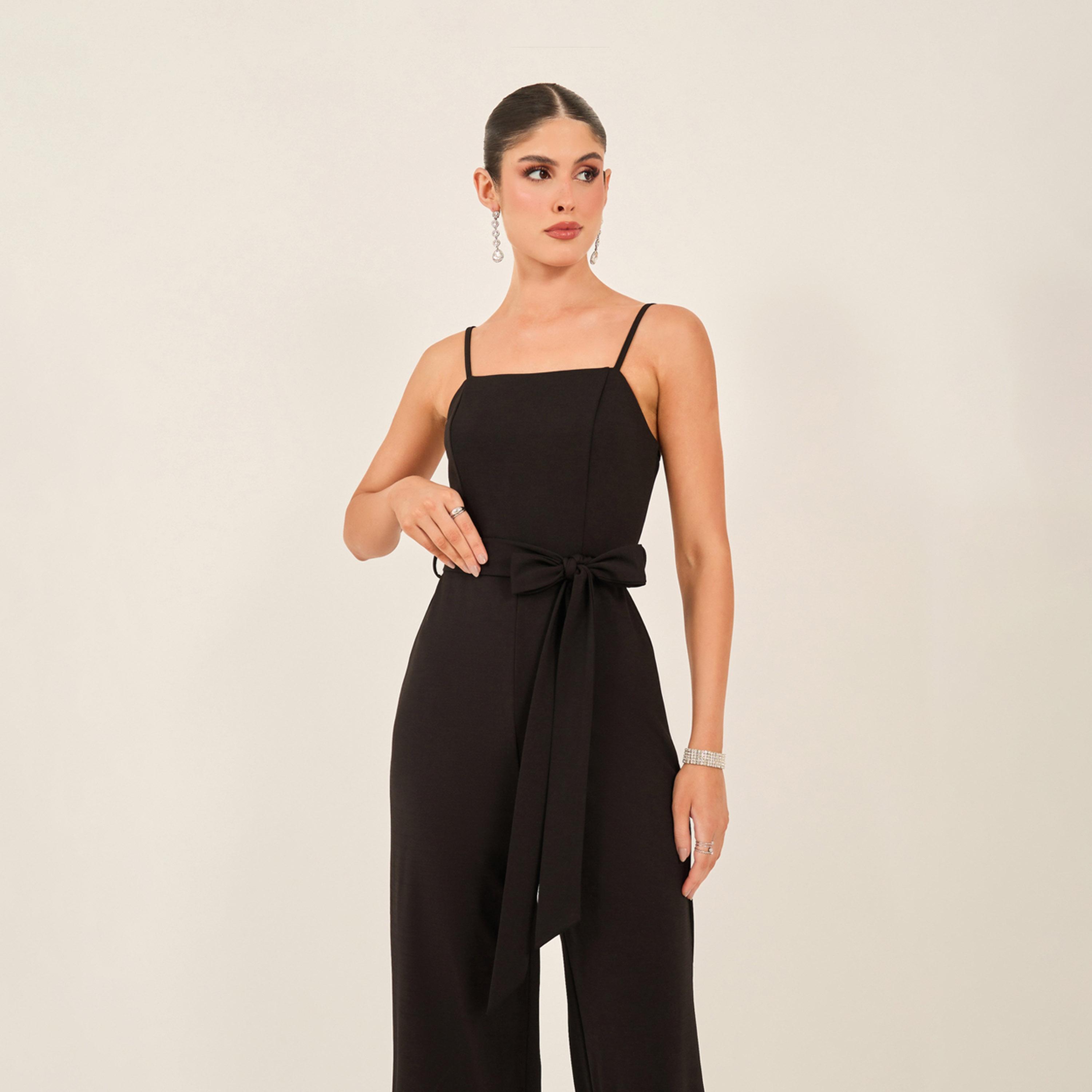 ستايلي - جمبسوت سادة بساق عريضة مع تفاصيل رباط الخصر-women-clothing-jumpsuits-image-2