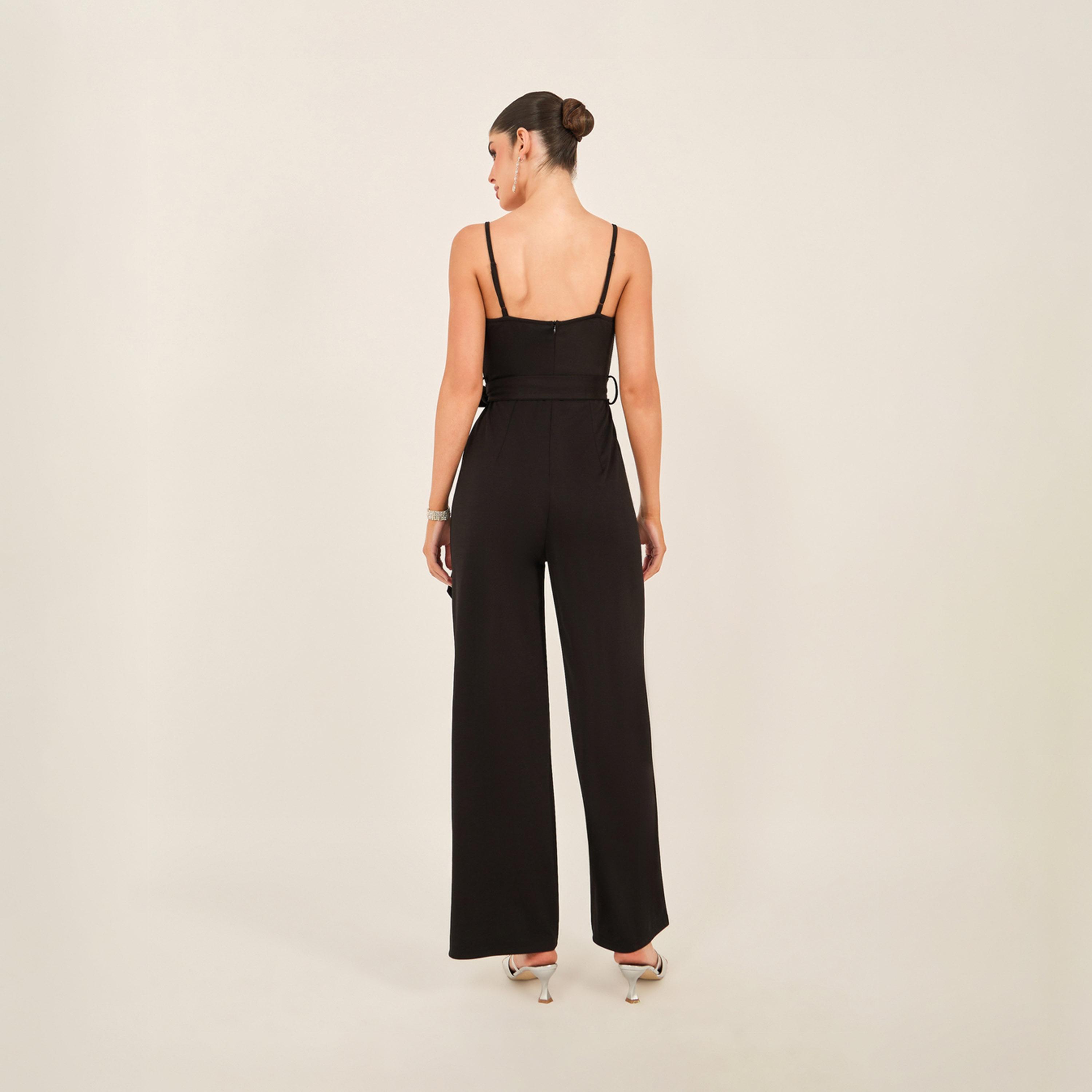 ستايلي - جمبسوت سادة بساق عريضة مع تفاصيل رباط الخصر-women-clothing-jumpsuits-image-4
