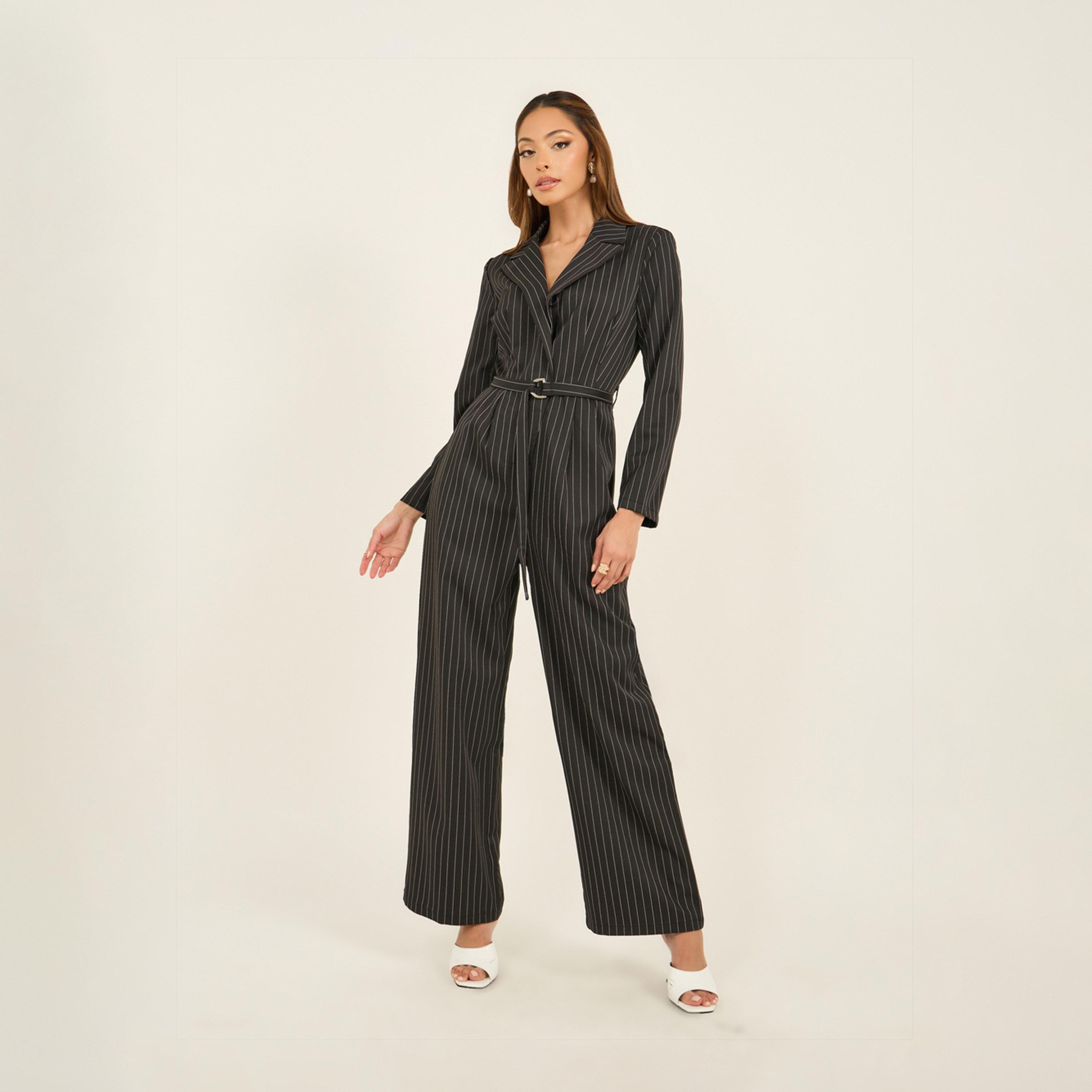 ستايلي - جمبسوت مخطط بقصّة ساق واسعة مع حزام-women-clothing-jumpsuits-image-2