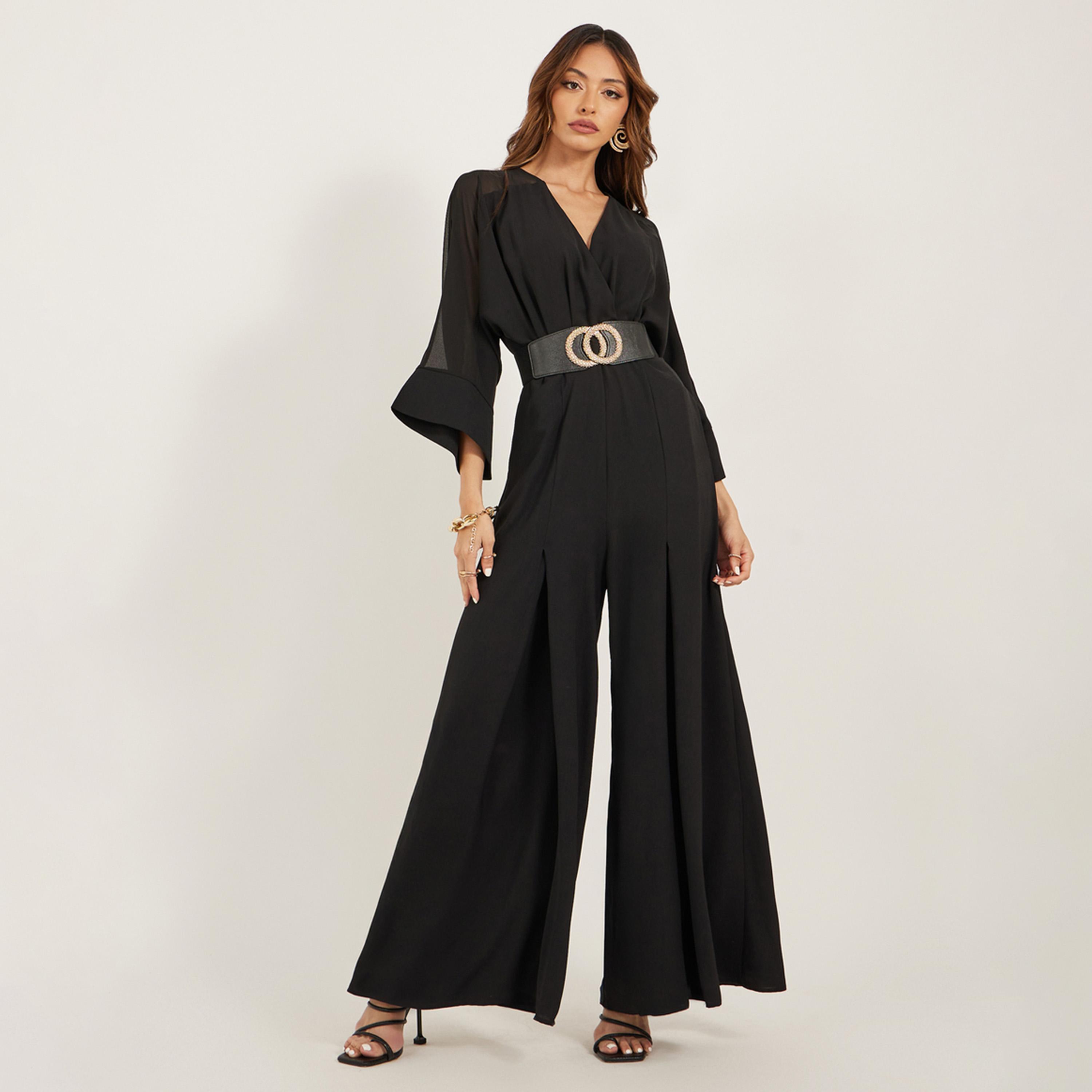 Styli Pleated Bell Sleeve V-Neck Flared Leg Jumpsuit-women-clothing-jumpsuits-image-1