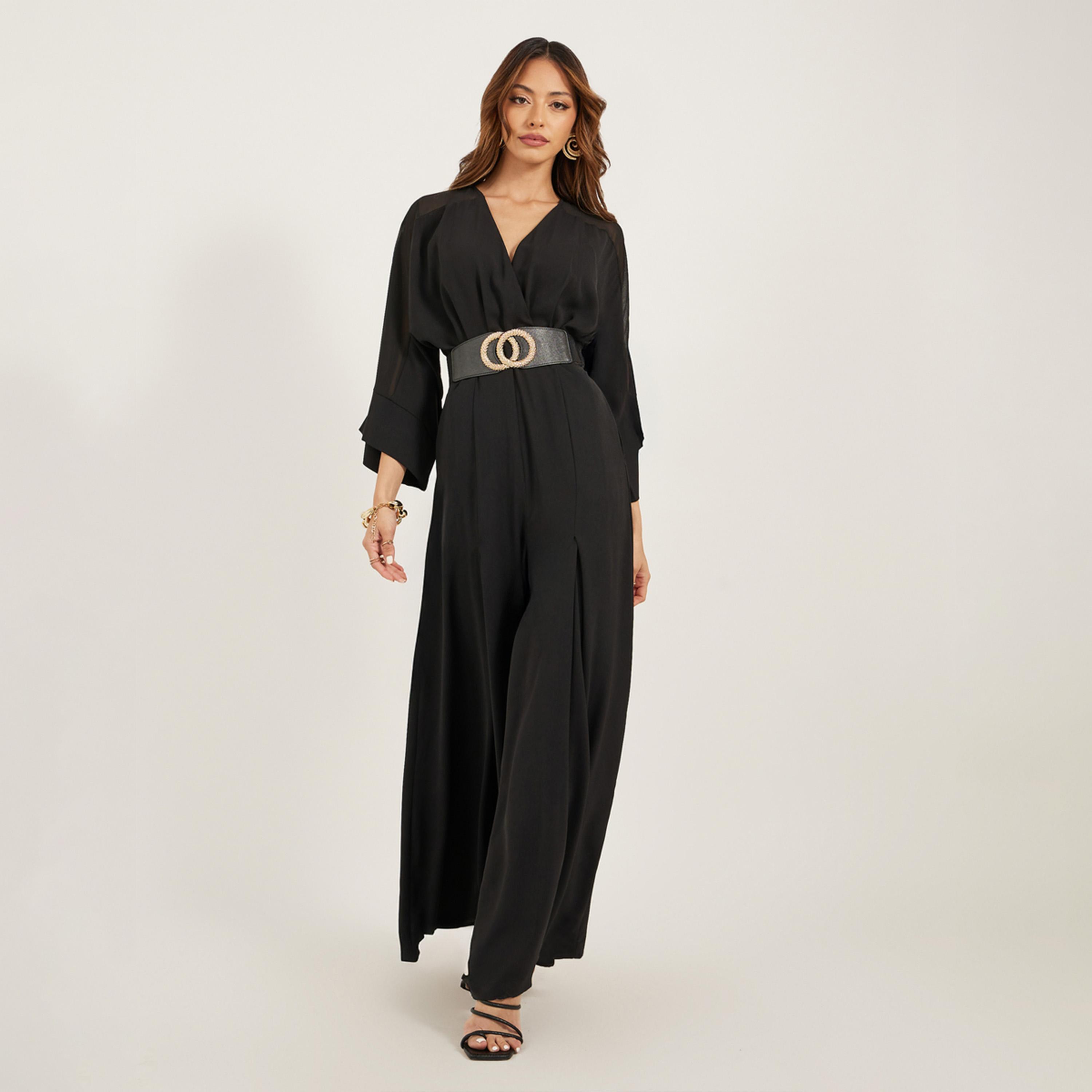 Styli Pleated Bell Sleeve V-Neck Flared Leg Jumpsuit-women-clothing-jumpsuits-image-2