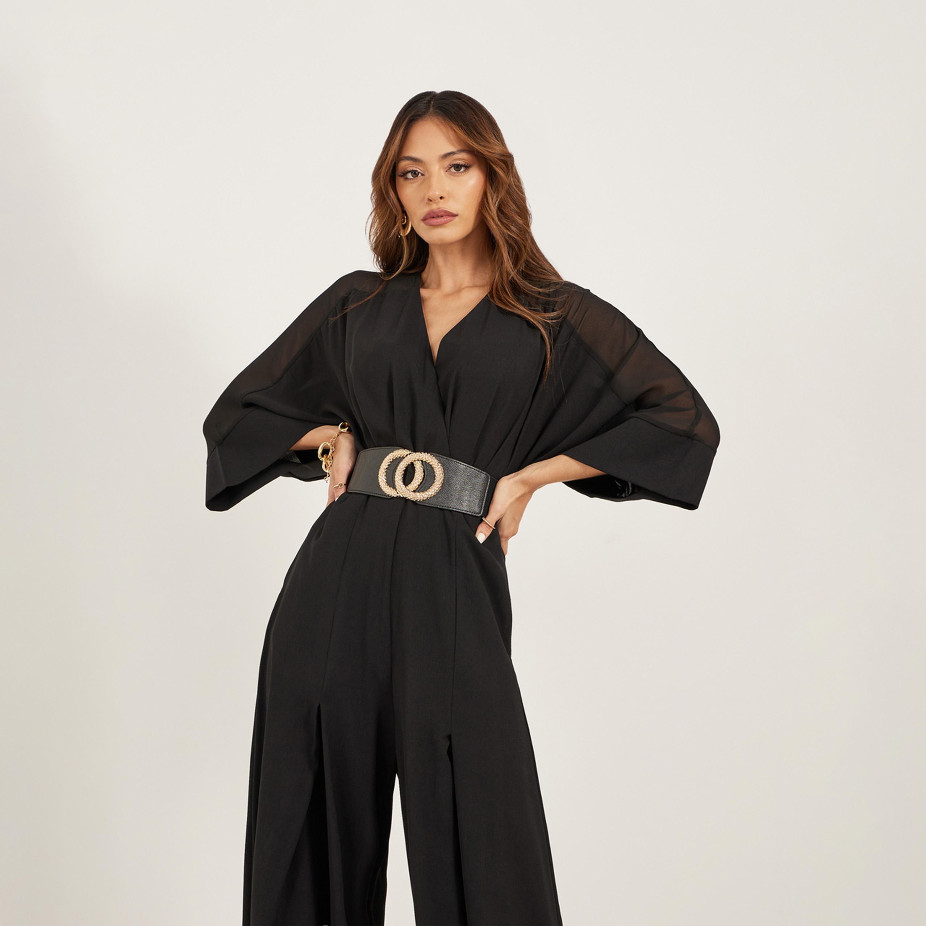 Styli Pleated Bell Sleeve V-Neck Flared Leg Jumpsuit-women-clothing-jumpsuits-image-3