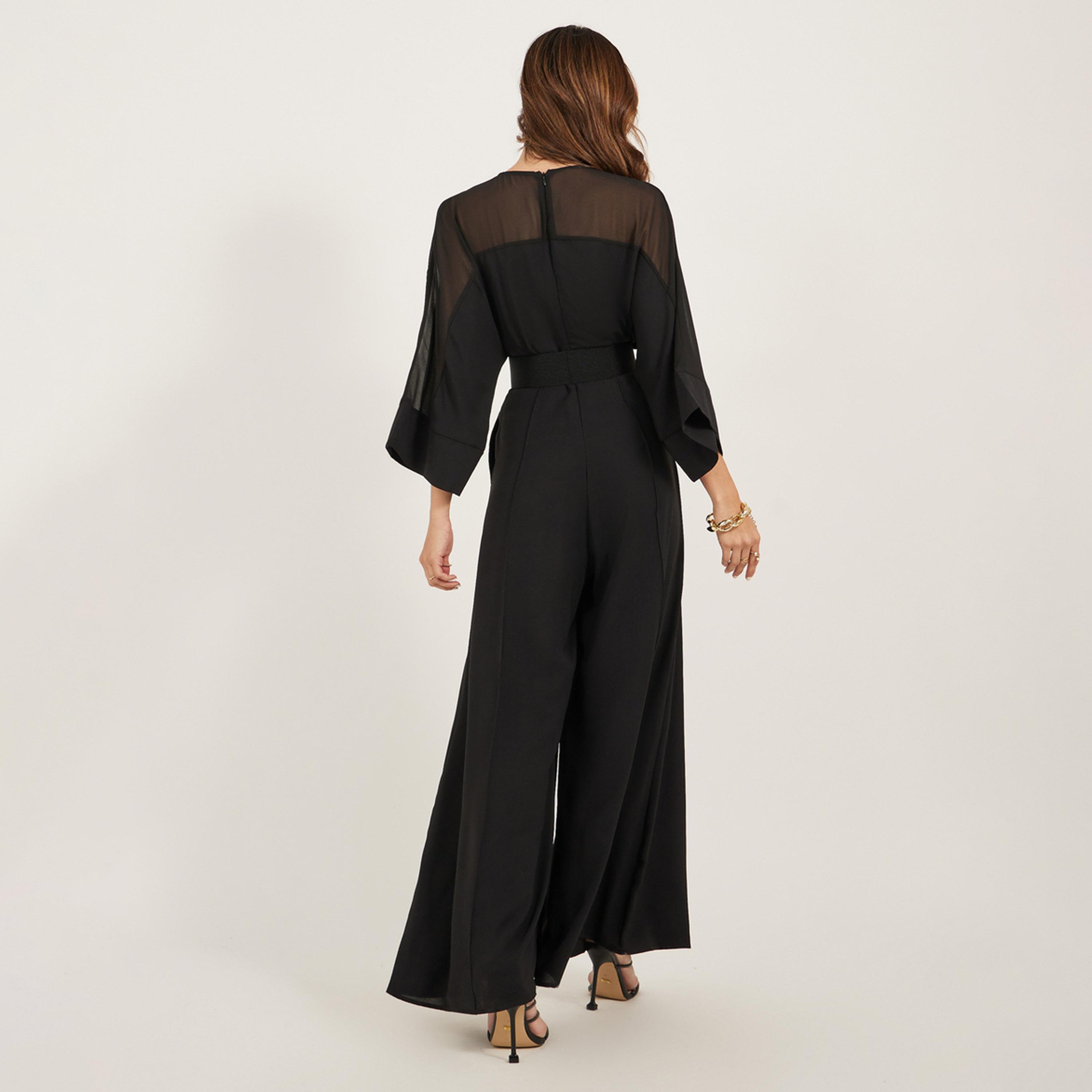 Styli Pleated Bell Sleeve V-Neck Flared Leg Jumpsuit-women-clothing-jumpsuits-image-5