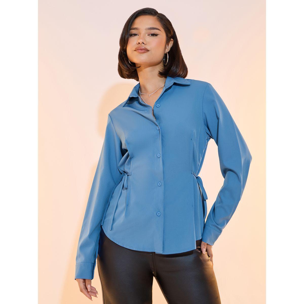 Styli Solid Side Drawstring Detail Long Sleeve Shirt-women-clothing-shirtsandblouses-shirts-image-1