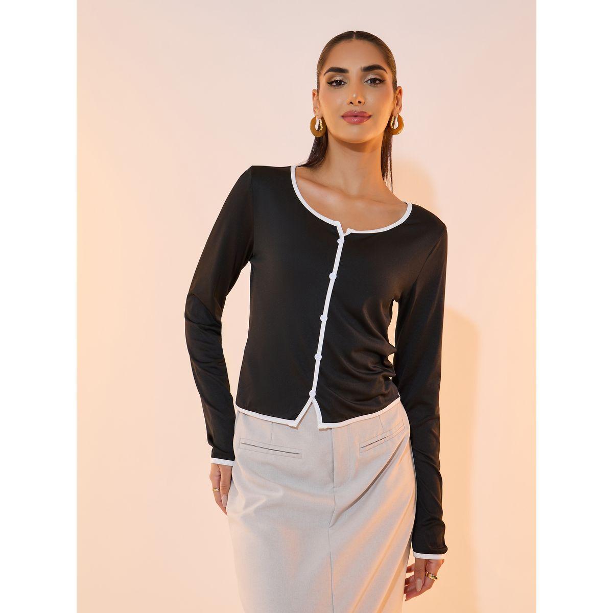Styli Contrast Edge Long Sleeve Knitted Top-women-clothing-shirtsandblouses-blouses-image-1