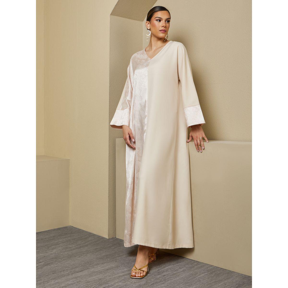 Amirah X Styli Jacquard Panel V-Neck A-Line Jalabiya-women-arabicclothing-jalabiyas-image-1