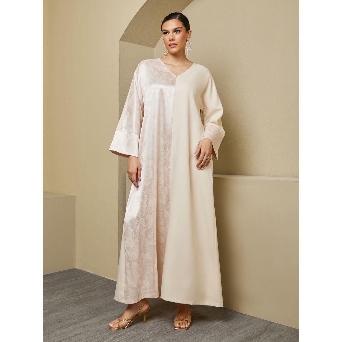 Amirah X Styli Jacquard Panel V-Neck A-Line Jalabiya-women-arabicclothing-jalabiyas-image-5