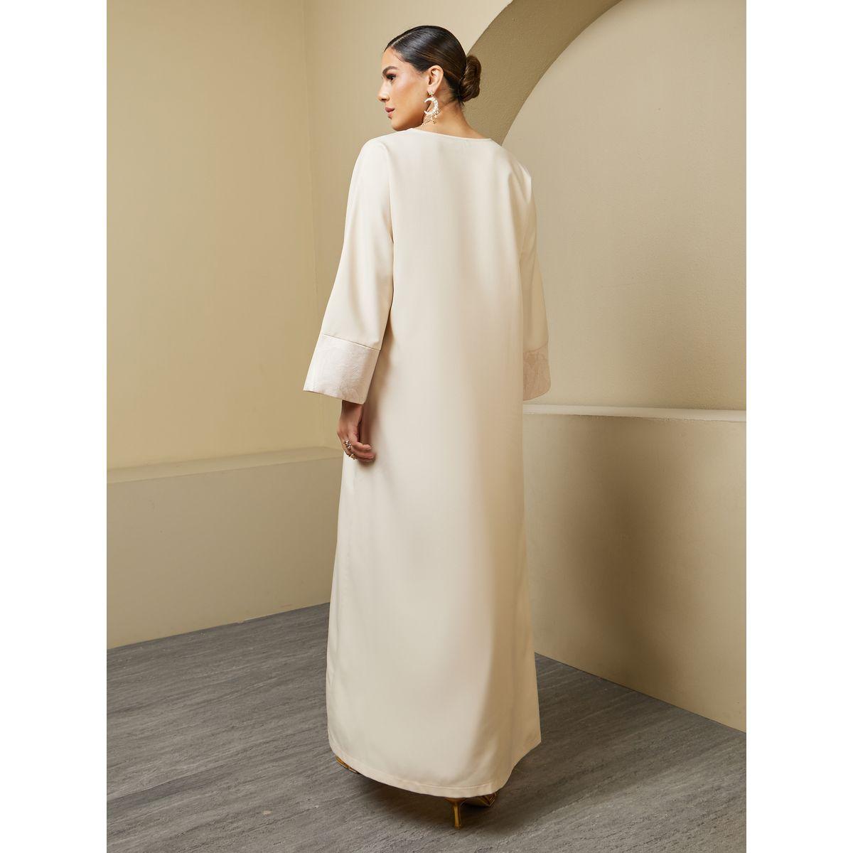 Amirah X Styli Jacquard Panel V-Neck A-Line Jalabiya-women-arabicclothing-jalabiyas-image-6