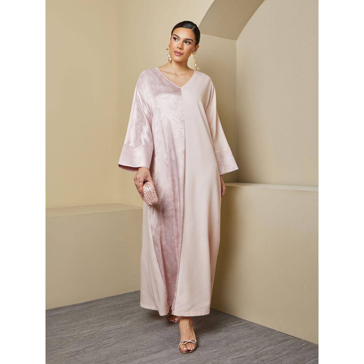 Jacquard Panel V-Neck A-Line Jalabiya-women-arabicclothing-jalabiyas-image-2